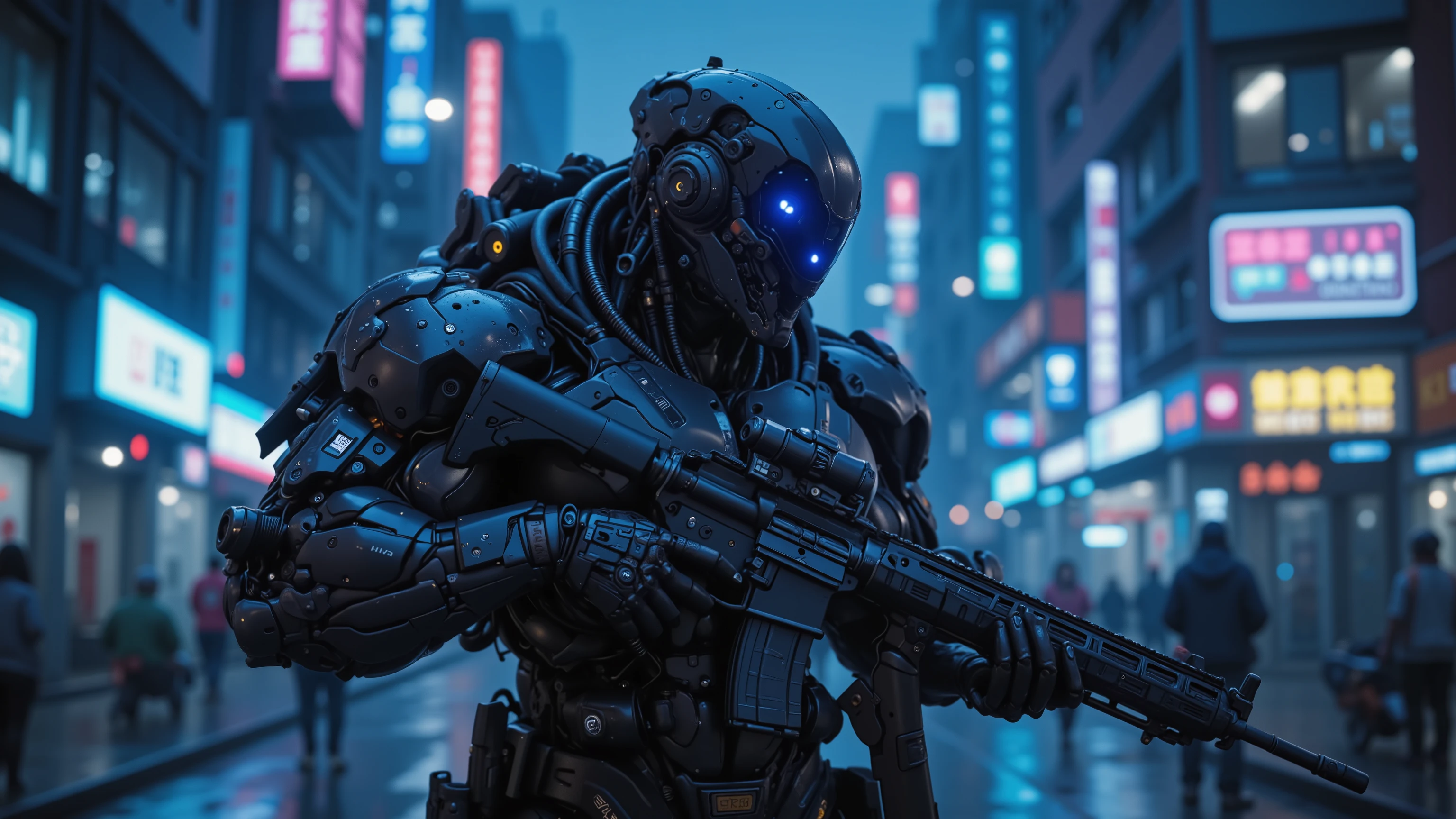 Futuristic Cyberpunk city in the middle of a civil war, Blue tons, obscure, landscape, The streets are wet because it just rained, Lots of neon lights on the storefronts,  in the background of the image a muscular man with an exoskeleton, The exoskeleton ]Is Comadop in the color black , The exoskeleton é mecanico e substitui todo o corpo do homem deixando apenas a cabeça humana, equipped with modern military equipment, military helmet with chrome visor in the color blue, Holding on 
combat position a rifle