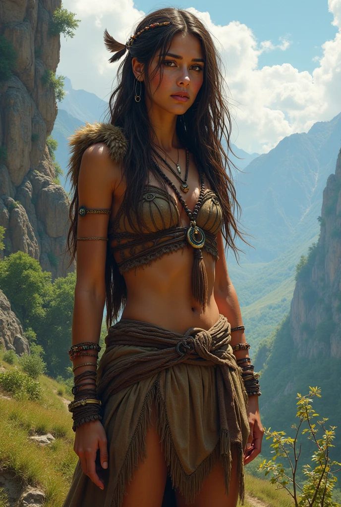 Xena girl, with weapons and armour, fur clothing, tanned skin.