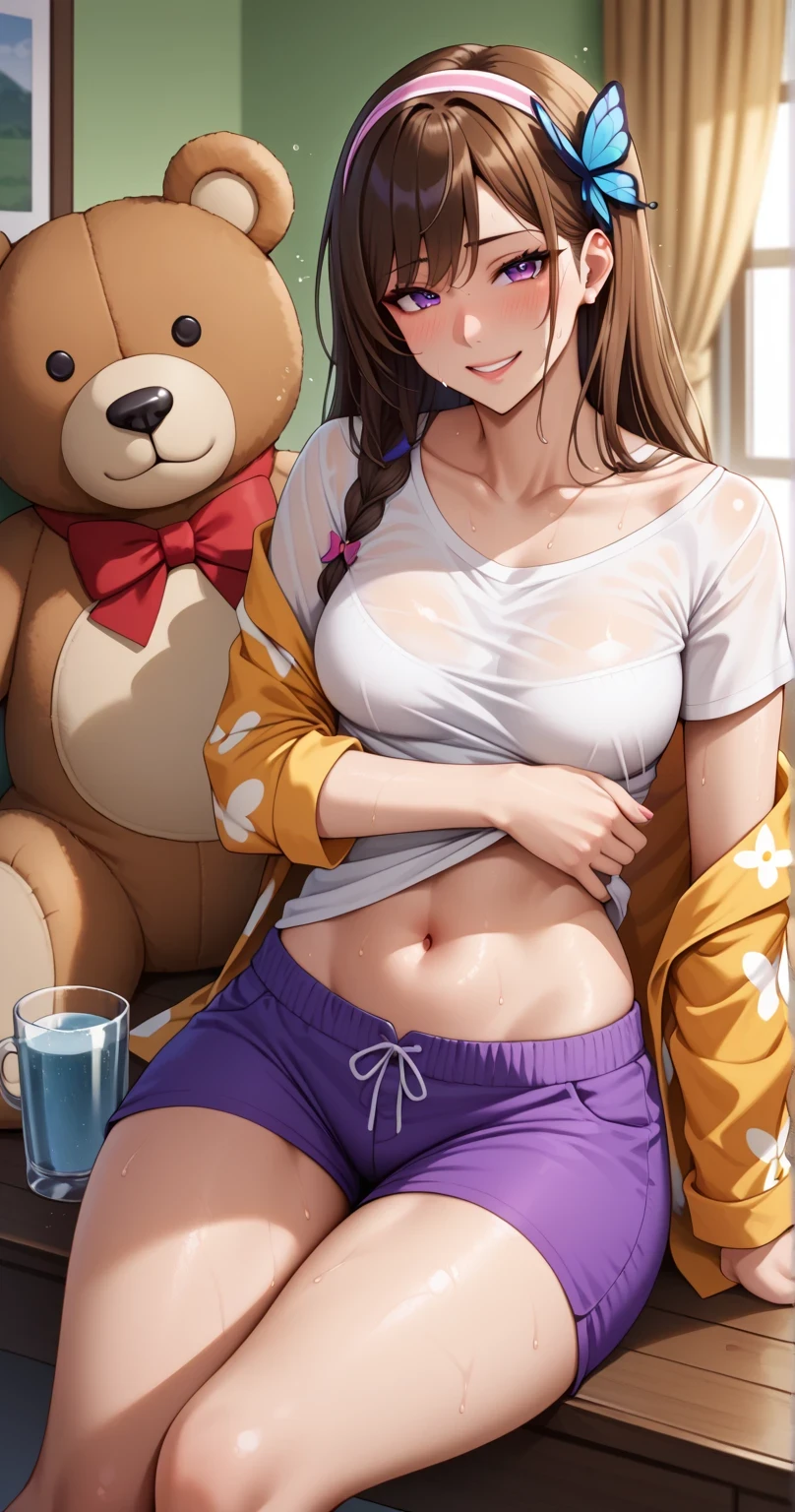 (( masterpiece )), high quality, muito detailed, masterpiece , Yihwa Yeon, long hair ornament , fringe, brown hair , hair ornament, purple eyes, very ornamento de cabelo rabo cavalo com fringe reta, hairband , small breasts , collarbone, off shoulder, butterfly hair ornament , nsfw, Rotulo2, best quality, high quality, detailed, high resolution, 8k, in very high resolution , soft saturation , Professional quality , perfect contrast , perfect lighting , anatomically correct , medium breasts , wide hips , gigantic ass , sexy woman, mature woman, milf ((Sweat)), wet, she, big butt , Clear sun , lying on your back, hugging teddy bear , With teddy bear, , upside down, focus on the face , with a seductive and excited face, colorful pajamas , embarrassed , drunk eyes, shorts curto sexy renda, raised white t-shirt, attractive smile, sitting