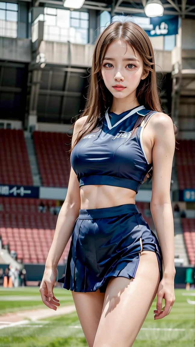 Masterpiece, superlative, realistic, Jennie wearing trendy cheerleader uniform, bare waist, HD, photography lighting, 16k