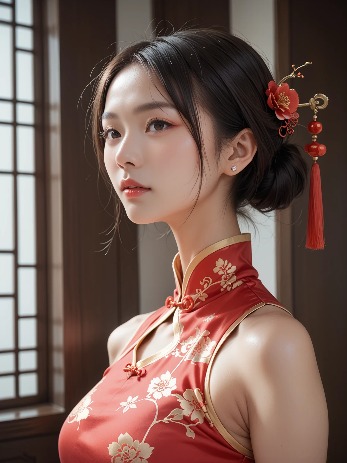 (masterpiece, best quality:1.1), (8k, raw photo, photo realistic:1.2, f22),
(shiny skin), detailed skin, detailed face, detailed eyes, night:1.4,
BREAK, real world, (ultra detailed, cleavage), intricate details, smil,
1girl,
BREAK,
Chinese Traditional Costumes, Cheongsam,
Start with , decorated with intricate details, complemented by brightly colored feathers and characteristic fabrics,
BREAK,
(The Great Wall of China), The face is very thin、Attention to detail、double eyelid、beautiful thin nose、sharp focus:1.2、Beautiful woman:1.4、(light brown hair、short hair、 )、pure white skin、highest quality、masterpiece、ultra high resolution、(Photoreal:1.4)、