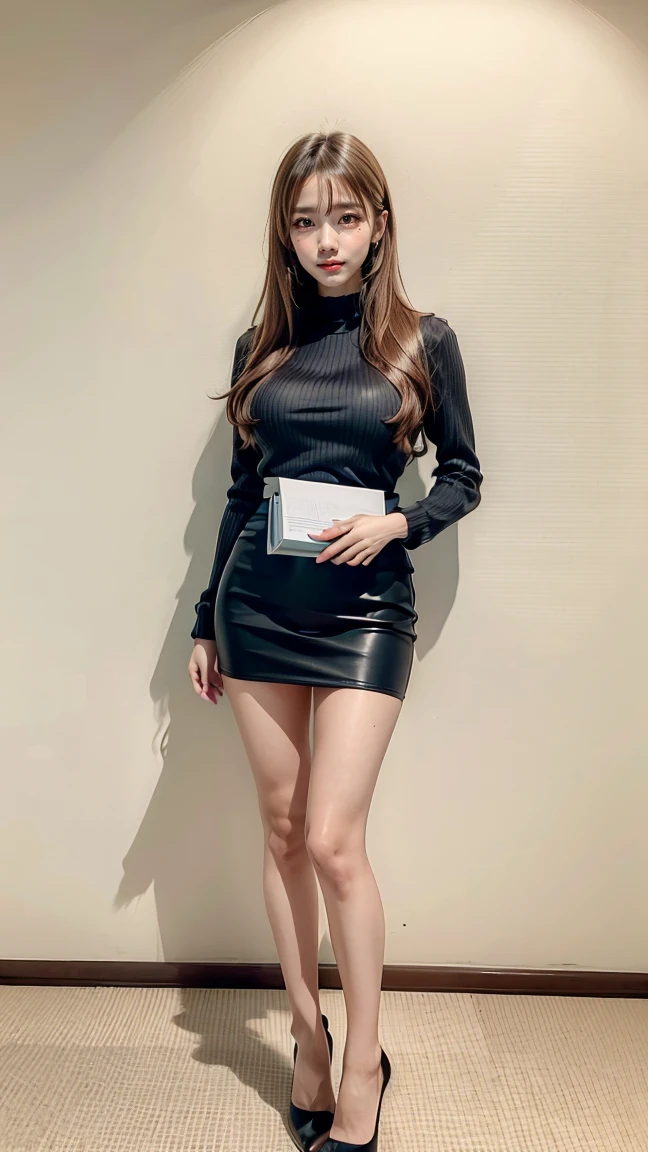 masterpiece, Highest quality，16K, Ultra-high resolution，The light and shadow of reality，Cinema Lenses，(Very skinny),(Very firm and beautiful breasts),((Her waist is slim and beautiful)),((She has outstanding style)),(Pure white beautiful skin),(Pure white teeth)),((Large, clear, beautiful eyes)),((Her face is very small)),((Cute Japanese Girls)),((She is wearing a black checked miniskirt dress.)),((Sitting on a bench in a stylish cafe)),（Sexy pose),(Beautiful Eyes:1.1)，Reflecting clear eyes and a gentle smile,