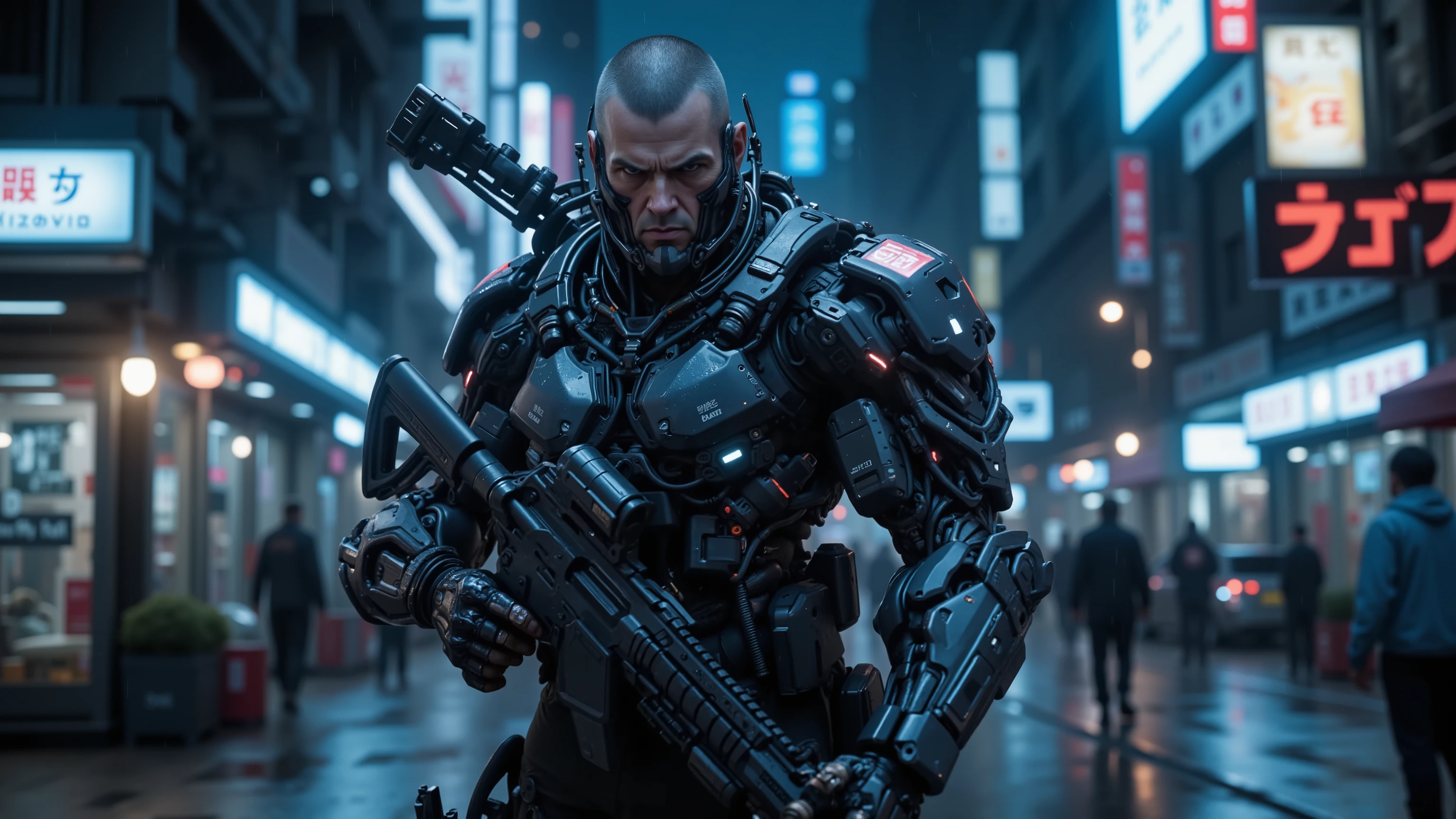 Futuristic Cyberpunk city in the middle of a civil war, Blue tons, obscure, landscape, The streets are wet because it just rained, Lots of neon lights on the storefronts,  in the background of the image is a muscular man with an exoskeleton, The exoskeleton  ]Comadop in the color black , The exoskeleton  é mecanico e substitui todo o corpo do homem deixando apenas a cabeça humana, a buzzcut haircut, angry face, equipped with modern military equipment, military helmet with chrome visor in the color blue, holding a rifle in combat position