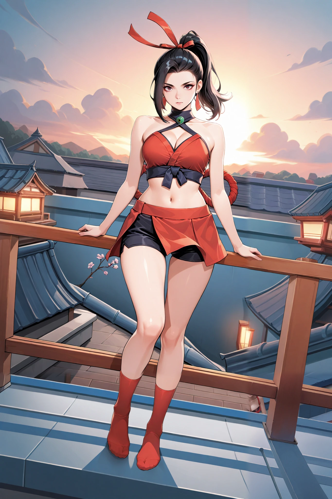 (Hanabi ),black hair, ponytail hair,full body,red uniform,sleeveless,shorts,sock, milf, cleavage, navel, soft light, high detailed, best quality, upper body, front view, rooftop , looking at viewers