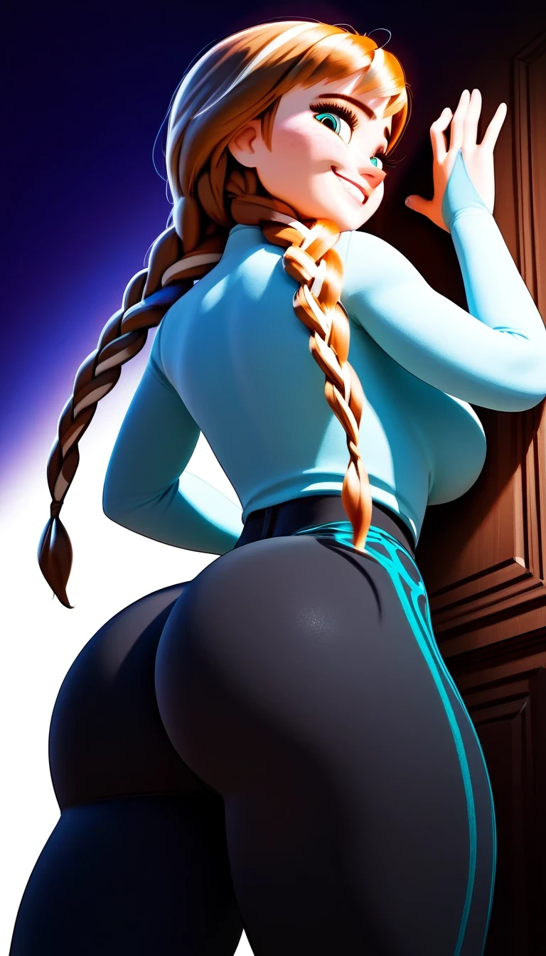 score_9,score_8_up,score_7_up,score_6_up,score_5_up,score_4_up,1girl, (anna frozen, twin braids), cute smile, freckles,athletic body, juicy ass, bubble butt, black tight pants, breast focus, big breasts, in dark room, stands leaning against the wall