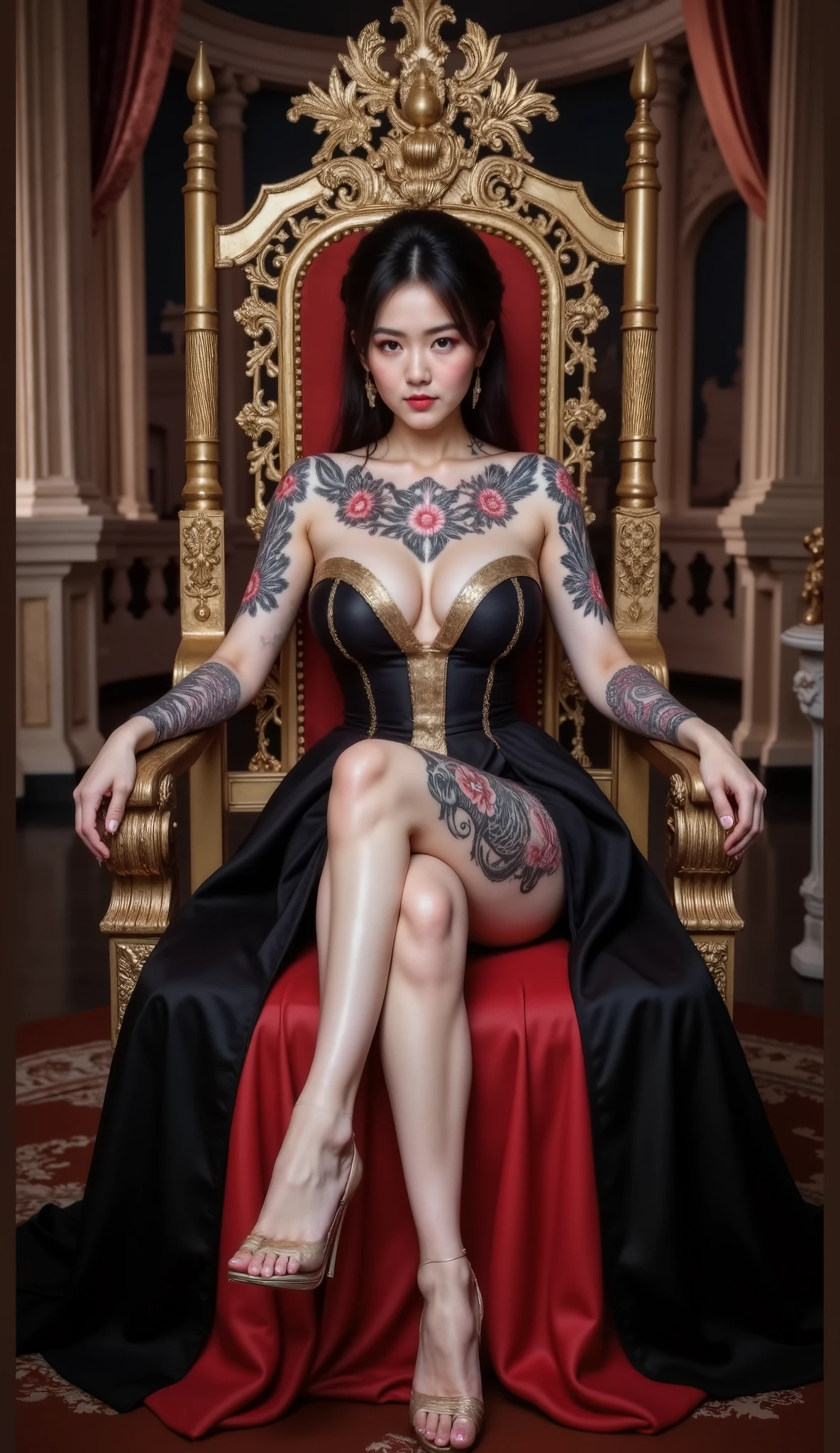 "A regal Asian woman with long black hair, sitting elegantly on an ornate golden throne. She wears a luxurious black and gold gown with a deep neckline, revealing intricate floral and dragon tattoos on her arms, chest, and thighs. Her expression is confident and commanding, with piercing eyes and red lips. The background features a grand royal hall with classical architecture, exuding power and elegance. The lighting is warm and dramatic, enhancing the rich details of her dress and surroundings." High Resolution, Best Quality, HD, Detail, High Details, High Quality, Quality, Super Detailed, Textured Skin, UHD, 8K wallpaper 4K.