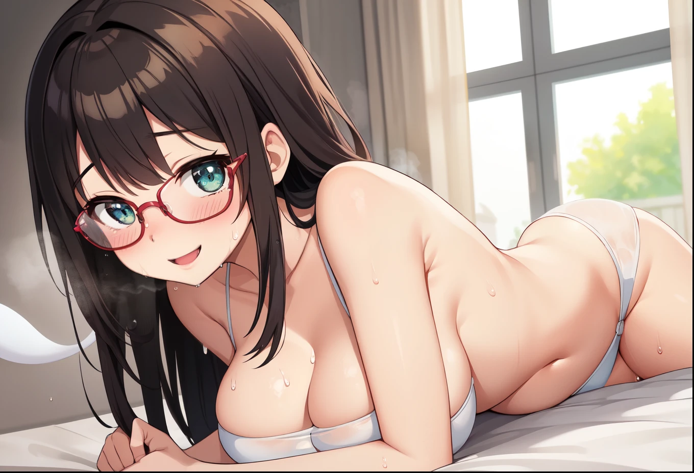 ((best quality)), ((masterpiece)), (detailed), perfect face. Black hair. Ponytail. Anime girl. Black eyes. Glowing eyes. Glasses. Smile. Blush. Armpit. Sex. Missionary. Vagina. Penis. Raised legs. Creampie.