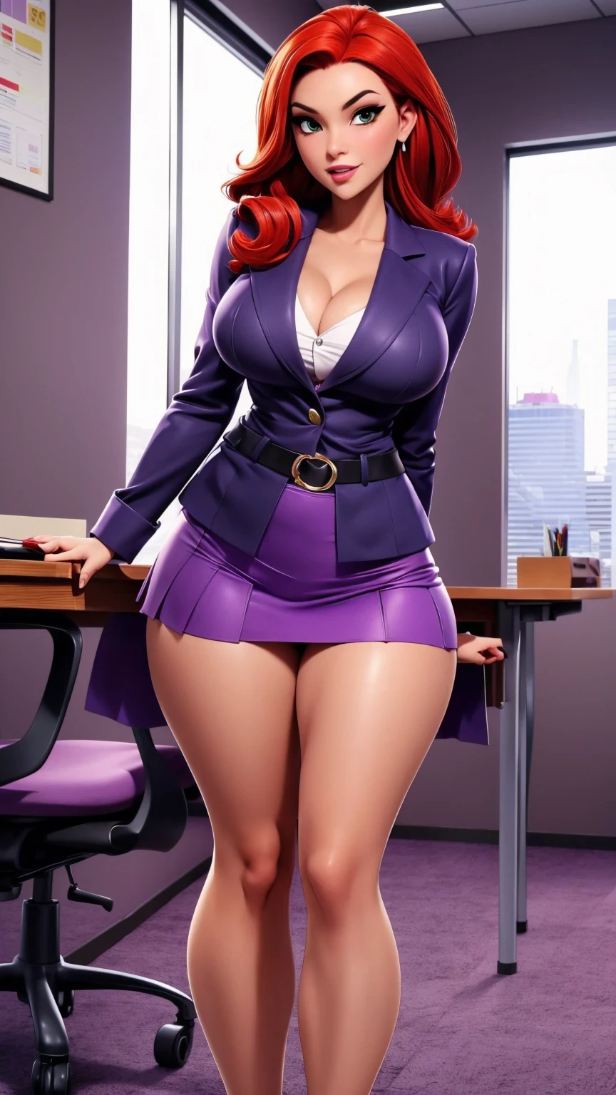 An attractive sexy hex girl with a big breast wears red hair, a tousled cut, her green eye, wears a purple button-down office coat and a long purple skirt with a black heel.