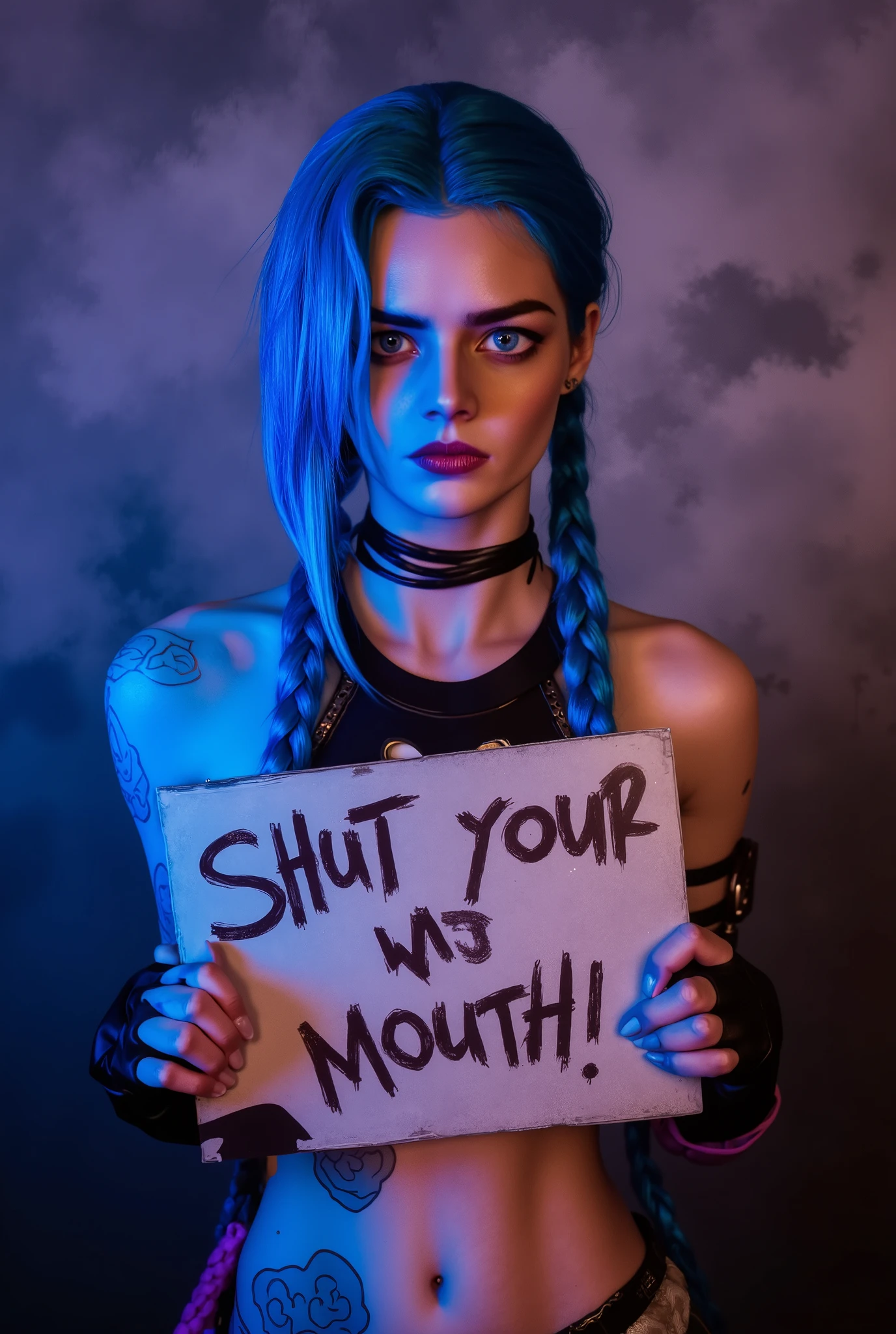 ultra realistic photo of samaraweaving Jinx cosplay holding a sign that says "shut your mouth!" in graffiti cool font, smiling,  her crop top shows her tattoos, long blue braided hair, (maximum ultra high definition image quality and rendering:3), maximum image detail, maximum realistic render, (((ultra realist style))), realist side lighting, , 8K high definition, realist soft lighting, (amazing special effect:3.5)
