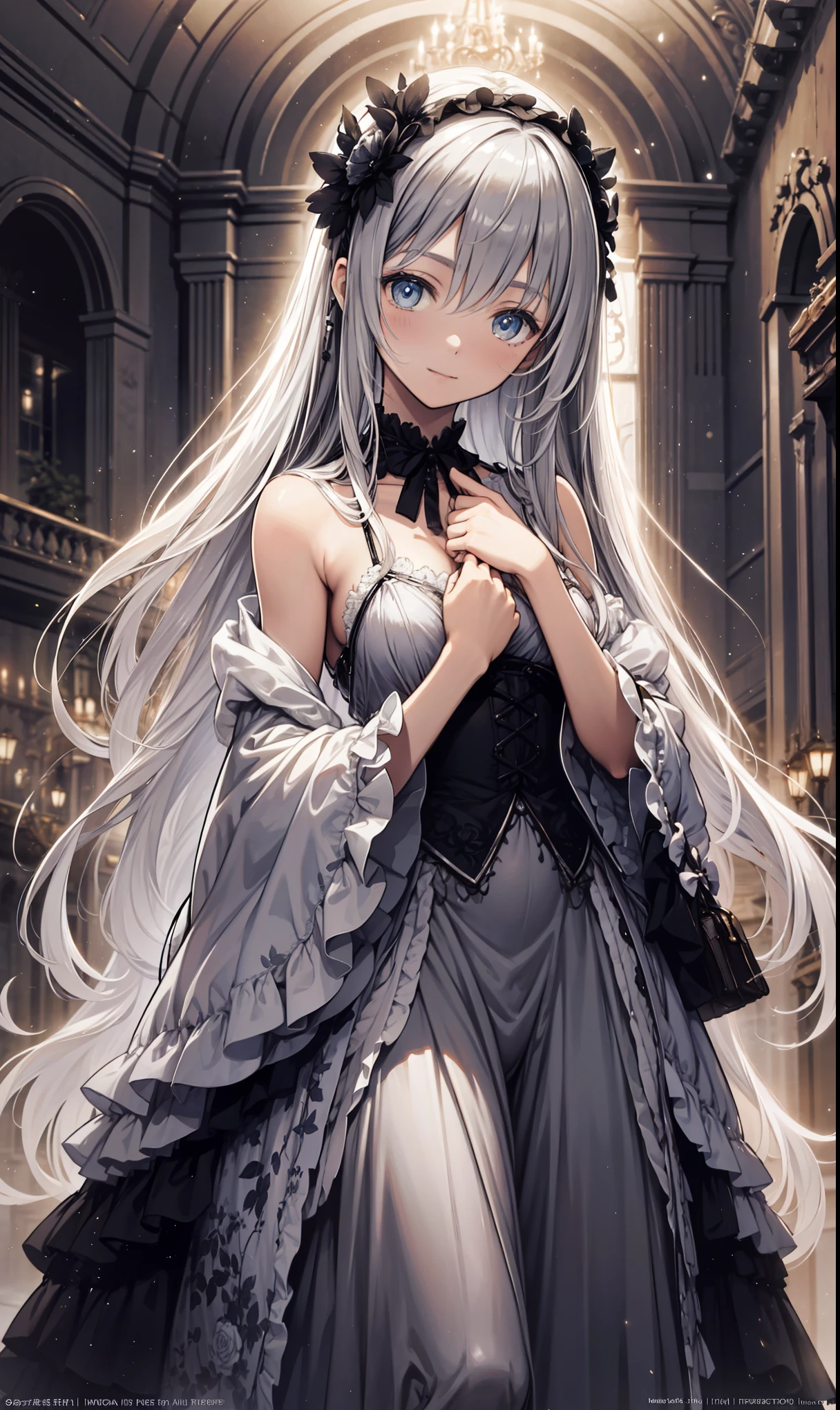 One girl, masterpiece, View your viewers, illumination, Particles of light, Gray Hair, Torn clothing, crazy, Yandere, Psychopathic, crazy expression, Licking lips, The pupils constrict, crazy smile, crazy eyes, Conceit, Gothic architecture, Big window behind the girl, A charming Western alley、Gothic architecture、Western architecture、Fantasy World、