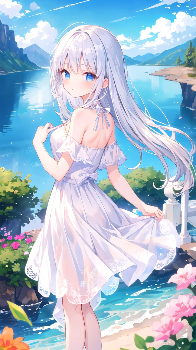 Masterpiece, Top Quality Anime Illustration, Super Detail, One Girl, Solo, Beautiful Girl with Silver Hair, Anime Loli, Cat Ear Loli, Light Color Light Blue Yukata, Length Super Short Yukata, Sleeveless, Smile, Bare Skin Side Breast, Thigh Focus, Butt Focus, Onsen