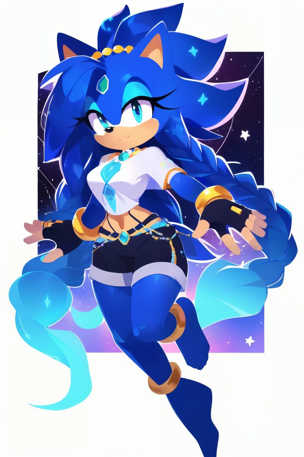 Sonic oc, Mobian, female, sonic the hedgehog but female, Cosmic hedgehog, A beautiful light blue hedgehog, purplish blue eyes, very long hair/quills, braided and beaded long hair bangs, long streaks of hair on each side of her face, (star constellation on hair, beads on hair, smooth fur, slim thick hourglass body, slim fit, wearing a white long shirt, black shorts, no footwear, fingerless gloves, inhibitor ring, beaded hair and decorated with rings, flowing hair, cartoon style, flying, black background, jade braids