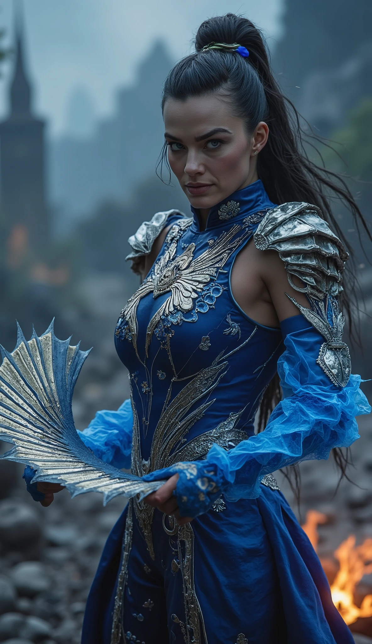 A breathtaking 8K ultra-realistic depiction of Margot Robbie as Kitana, standing in a fierce battle stance with her iconic steel fans open in both hands, their razor-sharp edges gleaming under the moonlight. She wears an intricately designed deep blue armored outfit with elegant metallic engravings and royal Edenian embroidery. Her piercing blue eyes, full of intensity, are framed by her signature blue face mask, which seamlessly contours her face, adding an air of mystery and danger.
Her long, flowing dark hair moves slightly in the wind, catching the ambient glow of the ethereal blue flames surrounding her. The background is a dark, misty battlefield, with ancient ruins faintly visible through the swirling fog. Embers and dust drift through the air, enhancing the cinematic atmosphere. The dramatic lighting highlights the textures of her outfit, from the polished metal to the soft silk, while a soft blue glow emanates from her weapons, casting a deadly yet regal aura. A stunning fusion of grace, power, and mystique, capturing Kitana’s warrior spirit with breathtaking realism.