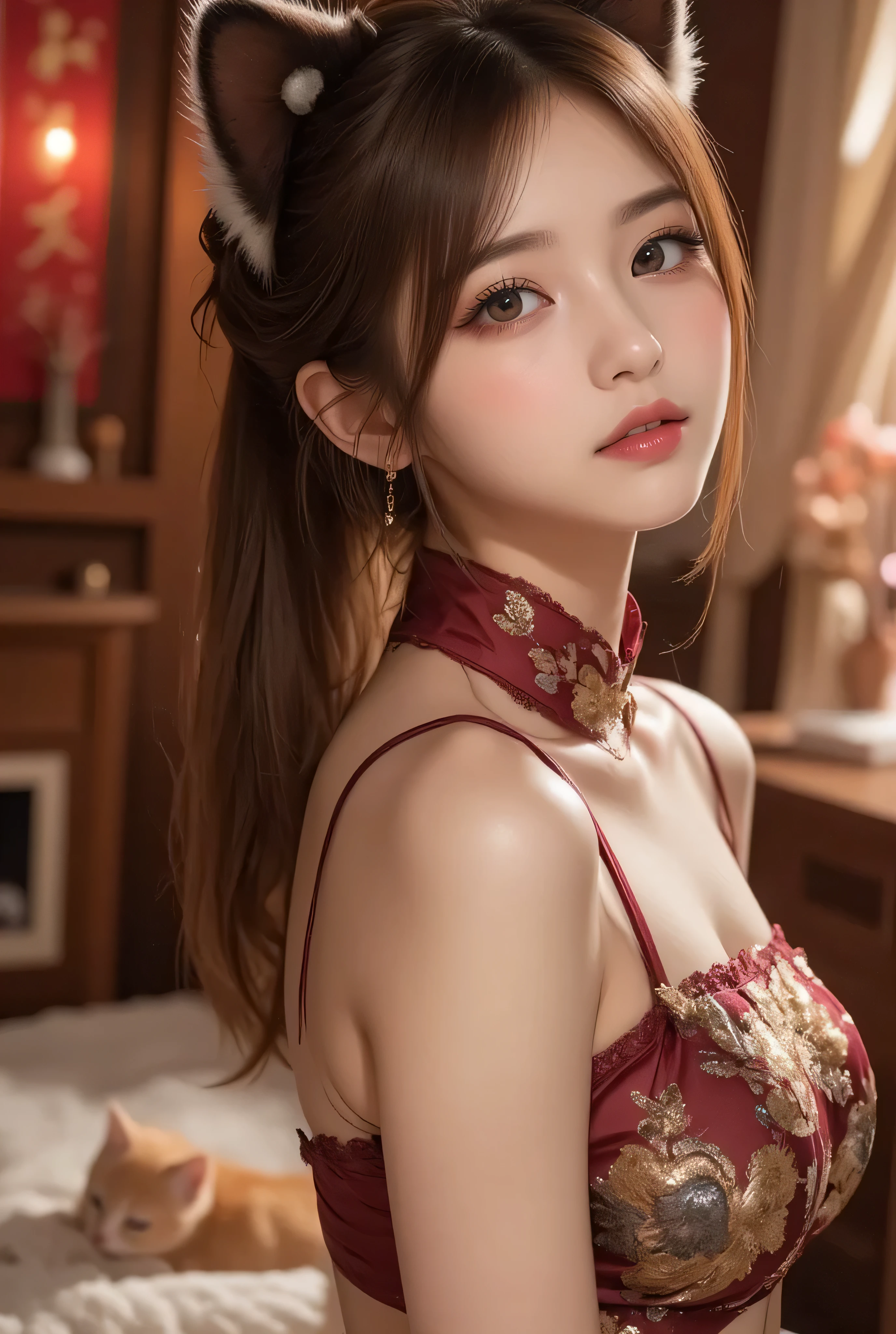 Cat ears、 face up、((( Lying in Bed)))  attractive,   pretty girl, ponytail、  ((   fine facial features  , eroticism)),   dramatic lighting    ,  realistic , 8k,     Dramatic Shadows  ,    intricate and elaborate patterns     ,      super detailed photo      ,     chiaroscuro lighting   ,     Pleasant colors   ,     deep contrast   ,    super real 、 pink lipstick、luxury earrings, luxury necklace, luxury hairpin, warm room、Vintage Fireplace 、 cinematic composition、Close-up of face,  A beautiful Korean idol wearing a short random colour cheongsam with golden or silver intricate floral embroidery, standing gracefully in a room filled with traditional Chinese New Year decorations. The room features vibrant red lanterns, decorative calligraphy scrolls, a small Chinese orange tree with golden ornaments, and several red envelopes scattered across the floor and hanging from the tree. Adorable, playful cats are part of the scene—some sitting near the tree, others curiously pawing at the red envelopes or lounging around. Through a window or an open door in the background, vibrant Chinese fireworks light up the night sky in an array of reds, golds, and blues, casting a magical glow into the room. The idol’s outfit is paired with subtle accessories like red hairpins or earrings, complementing the festive look. The atmosphere is warm and lively, filled with the joyful essence of the celebration, enhanced by the shimmering lights of the fireworks and the lively decor.