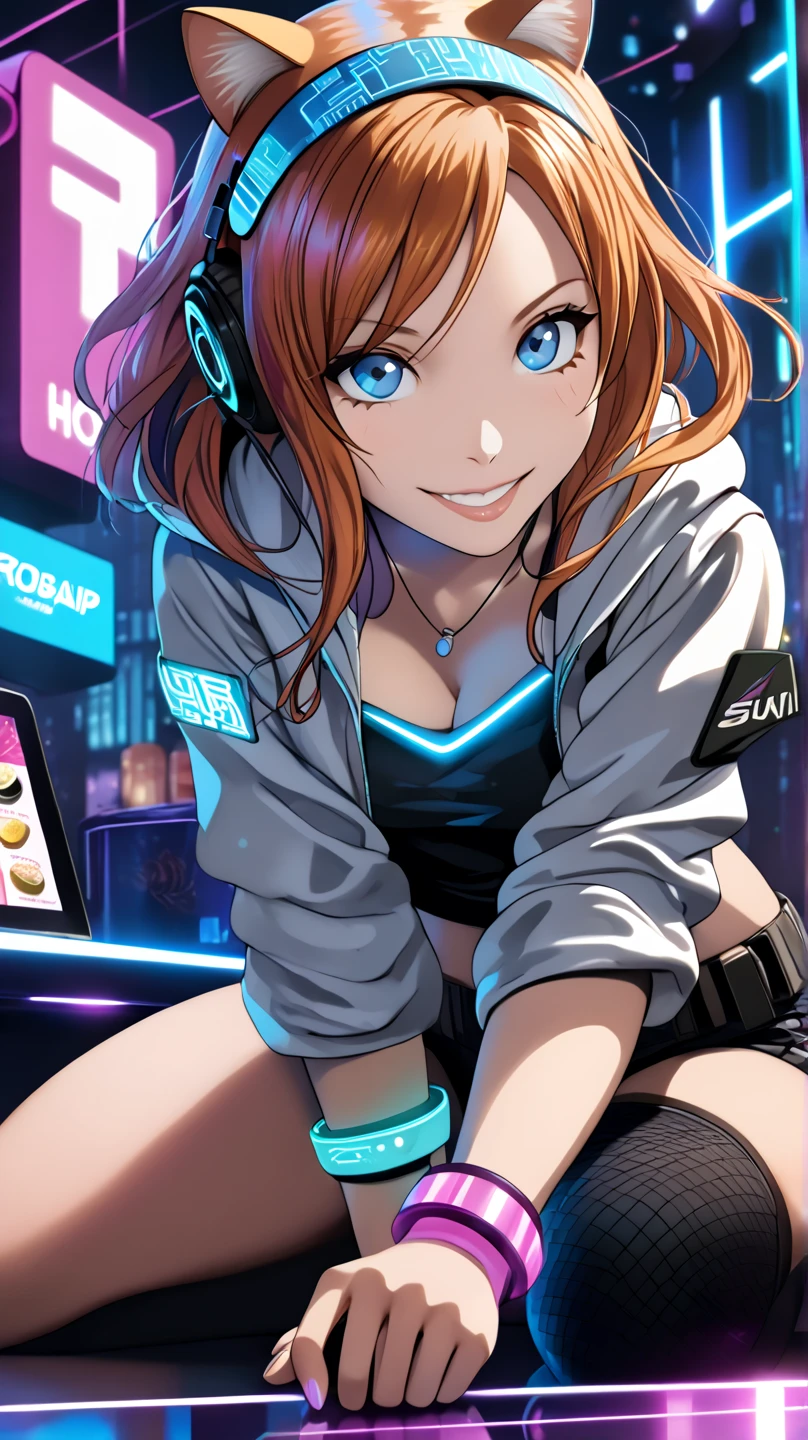 A young, lively girl with striking wavy auburn hair and curious deep blue eyes, a fusion of Nami’s playful charm and Nico Robin’s mysterious elegance, sits in front of a futuristic cyberpunk-style holographic livestream setup. She is around , with a confident smirk and a bright, expressive face, full of personality. Dressed in a sleek, neon-accented crop hoodie with a digital cat logo, along with fingerless gloves and high-tech wristbands, circuits-pattern pants, she exudes a stylish, futuristic vibe. In front of her, an array of cyberpunk-inspired food—glowing ramen, levitating sushi, and bubble tea—rests on a sleek, illuminated table. The camera’s viewpoint captures her excited expression as she takes a big bite, leaning forward, fully immersed in her mukbang session. Her studio is bathed in neon lights, with interactive holographic chat messages floating around her from her enthusiastic viewers. Behind her, a massive digital screen projects her live chat, alongside animated emotes and donation alerts in vibrant colors. The walls of her futuristic apartment feature holographic billboards displaying cyberpunk cityscapes, and a neon cat drone hovers nearby, acting as her AI assistant. The art style is a highly detailed blend of anime and cyberpunk realism, with dynamic lighting reflecting off her chrome-trimmed headphones. The overall vibe is energetic, engaging, and full of futuristic digital aesthetics, top-quality real texture skin, cinematic color grading, skin texture style, realism, detailed, 1girl, makeup