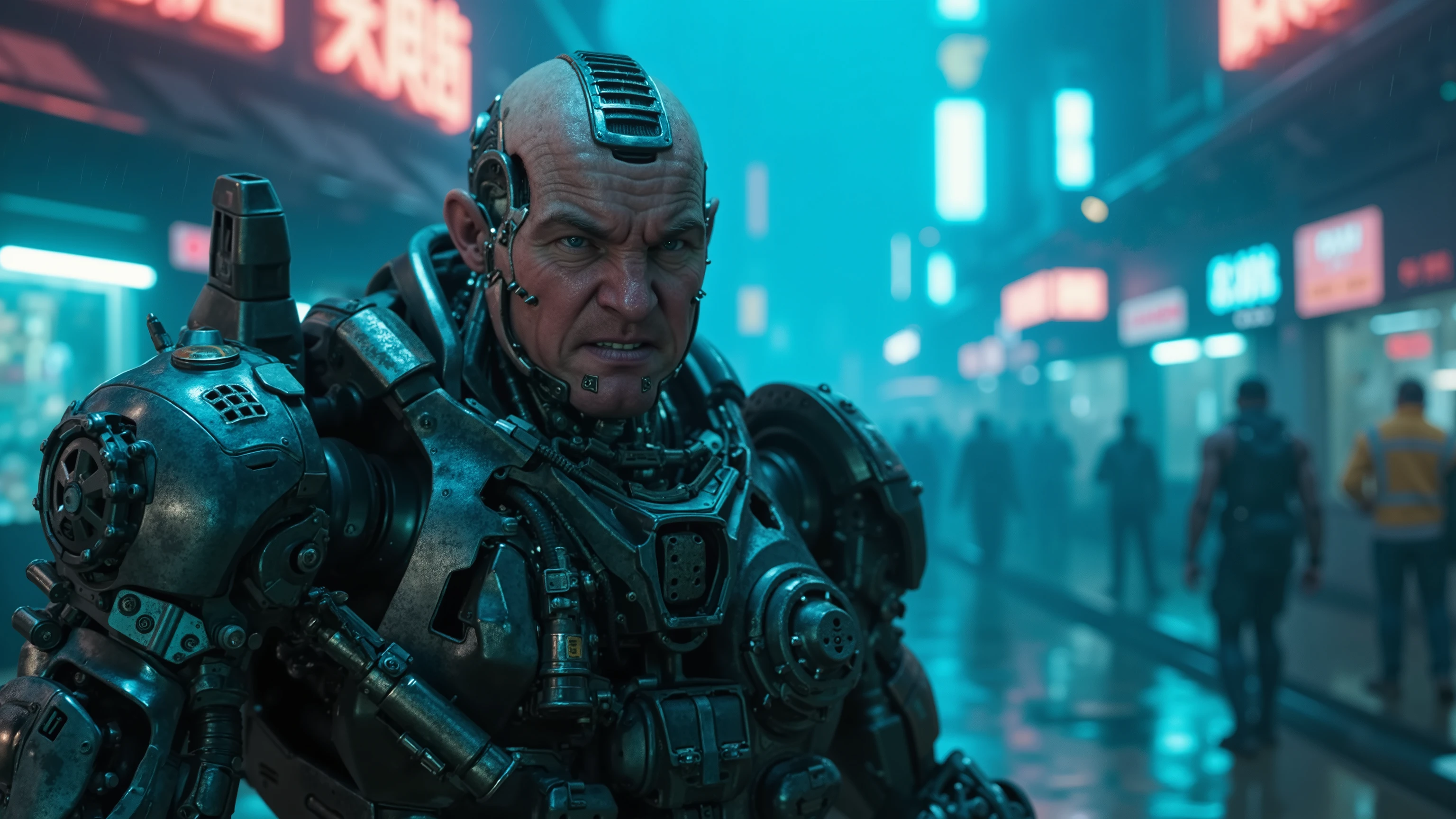 Futuristic Cyberpunk city in the middle of a civil war, Blue tons, obscure, landscape, the streets are wet because it just rained, Lots of neon lights on the storefronts, In the background of the image a man with a robotic and very technological mechanical body, The man's face is very pretty, He is the most handsome man in the world, shaved haircut, angry face, one of the eyes has been replaced by a modern robotic eye that emits blue light, in combat position holding a military rifle