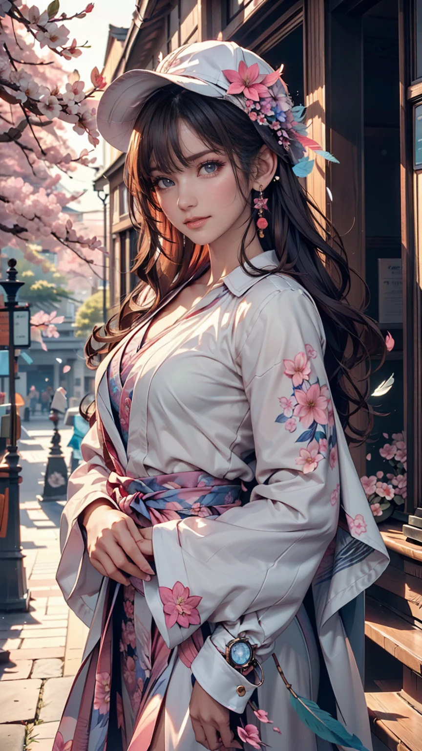 Retro Photography, 1960s , Agfa, Kodak, One girl, Portraiture, Looking_in_Audience, smile, Japan, Tokyo, Cherry Blossom, Octane Rendering, 一人in, rtrophto1