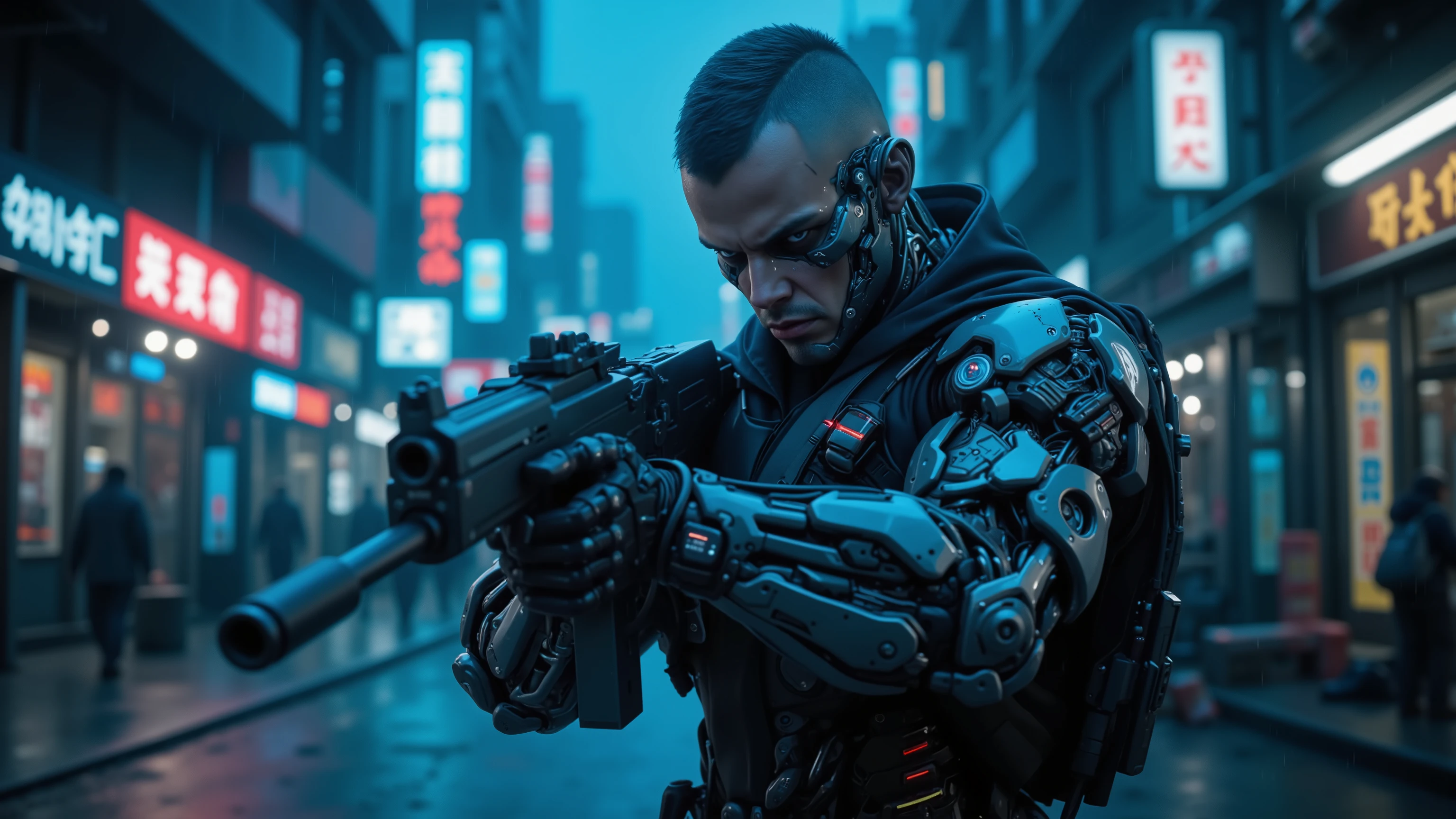 Futuristic Cyberpunk city in the middle of a civil war, Blue tons, obscure, landscape, the streets are wet because it just rained, Lots of neon lights on the storefronts, in the background of the image a man with a body 100% mechanic, robotic and very technological ,The man's face is very pretty, He is the most handsome man in the world, shaved haircut, angry face, one of the eyes has been replaced by a modern bionic eye that emits blue light, in combat position holding a military rifle