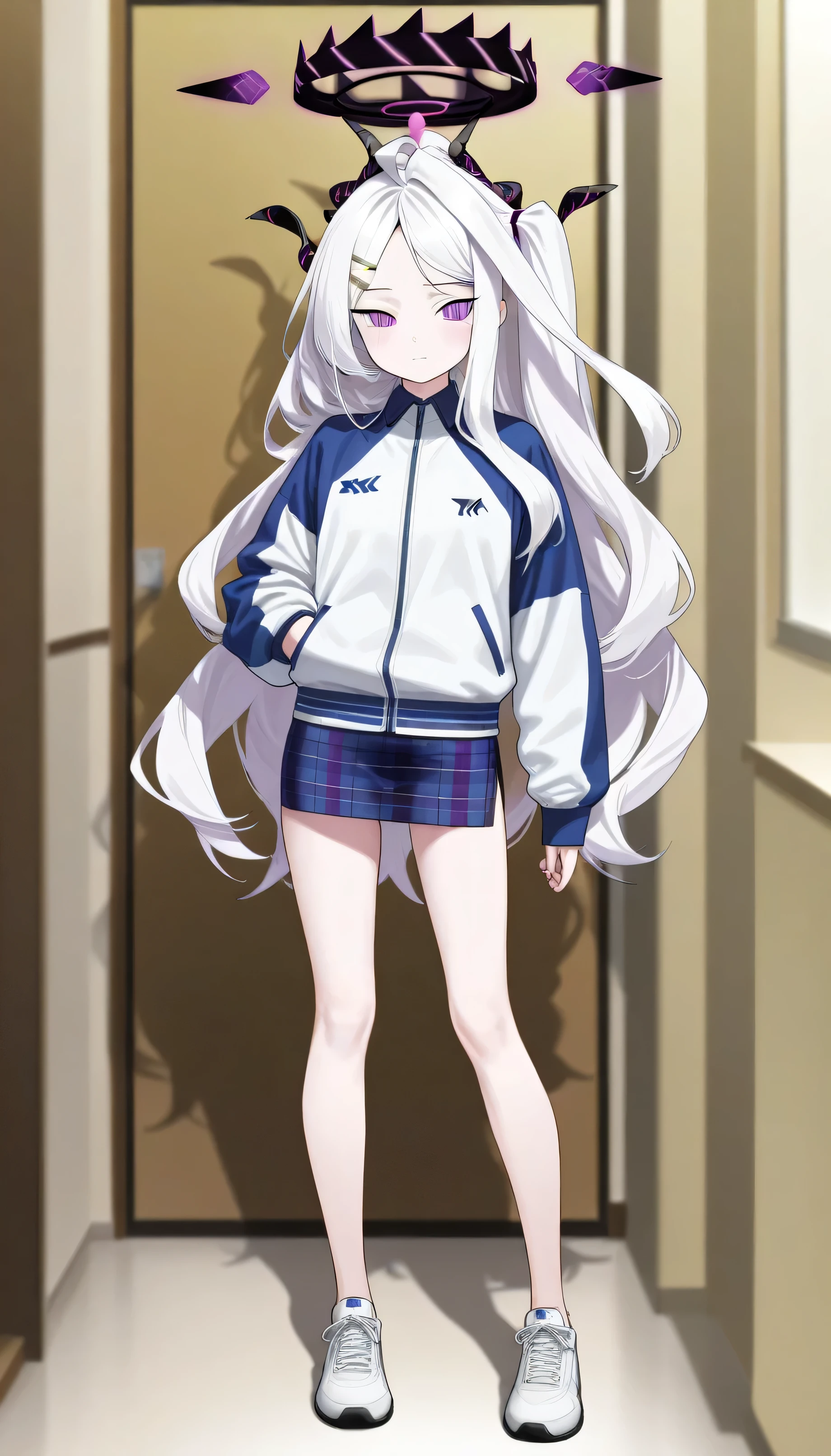 ( masterpiece, best quality , high quality , high resolution , very good), å¼ ç½ è²æ, older, å¼ ç½ è²æ, blue archive,Hina, Eye details are complicated, purple eyes , White hair , Hairpin ,residence,residence, Viewer , alone, Denim lenses , Long Legs,Skin color legs , sports jacket ,Sports shoes, Purple Plaid Skirt ,Standing,Standing, alone, alone