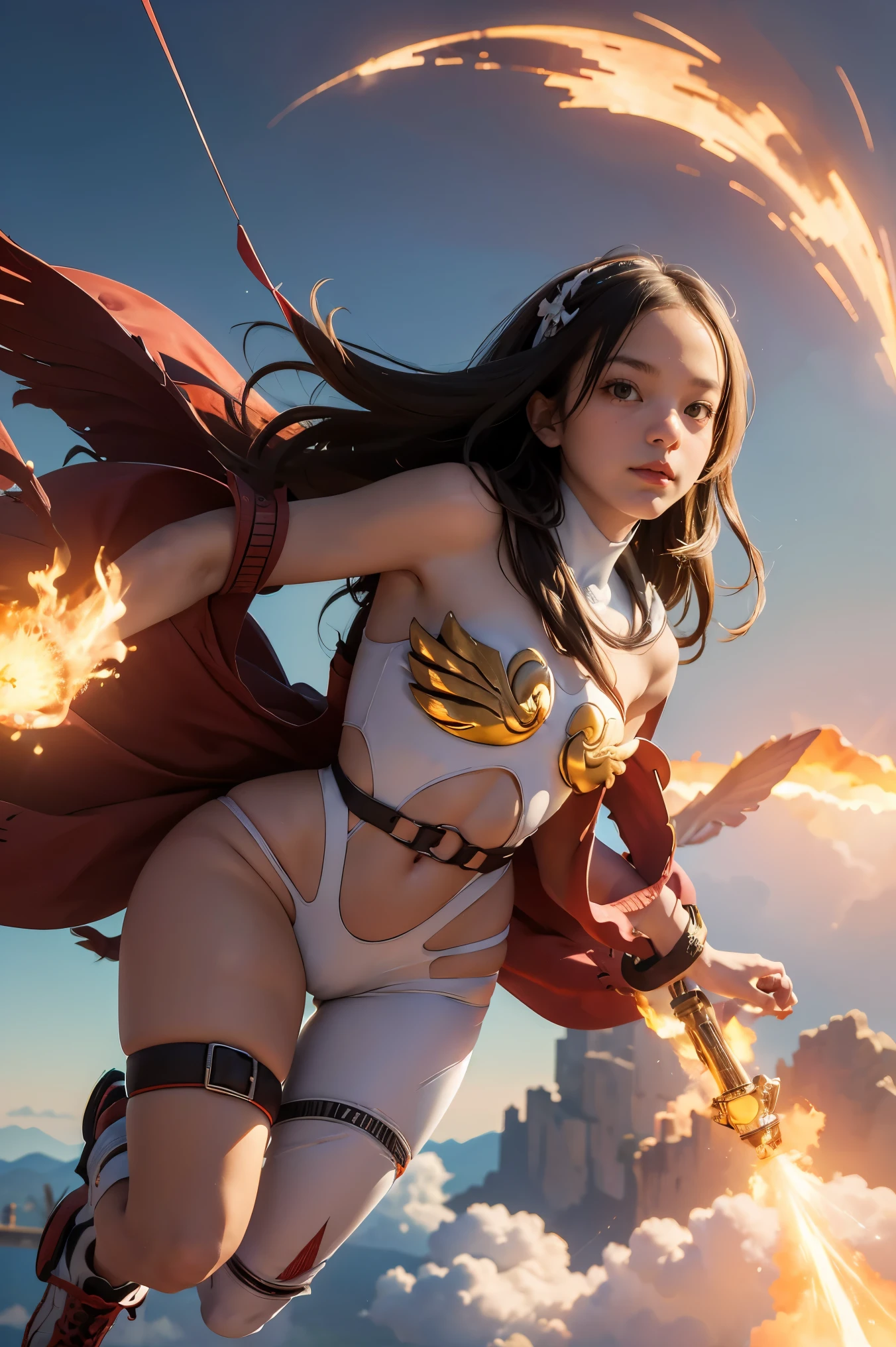1girl, Absurd resolution, high resolution, (masterpiece: 1.4), hyper-detail, a mech, red armor with red wings, floating flight in the sky (1.8) background is wild, fire, full bodysuit,