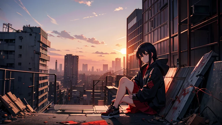 A girl that give up love, looks like a girl that give up, inside a building, sitting, midnight