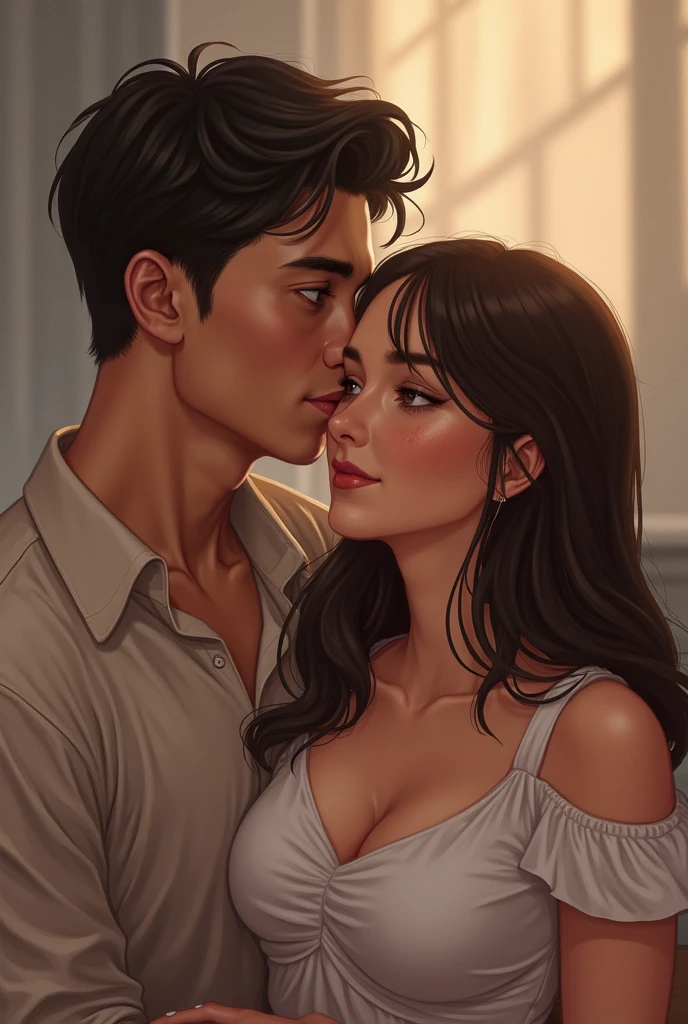 (best quality, highres, portrait), passionate, young boy kissing woman, lips touching, hugging tight, blushing intensely, eyes closed, bed, night time, candles lit