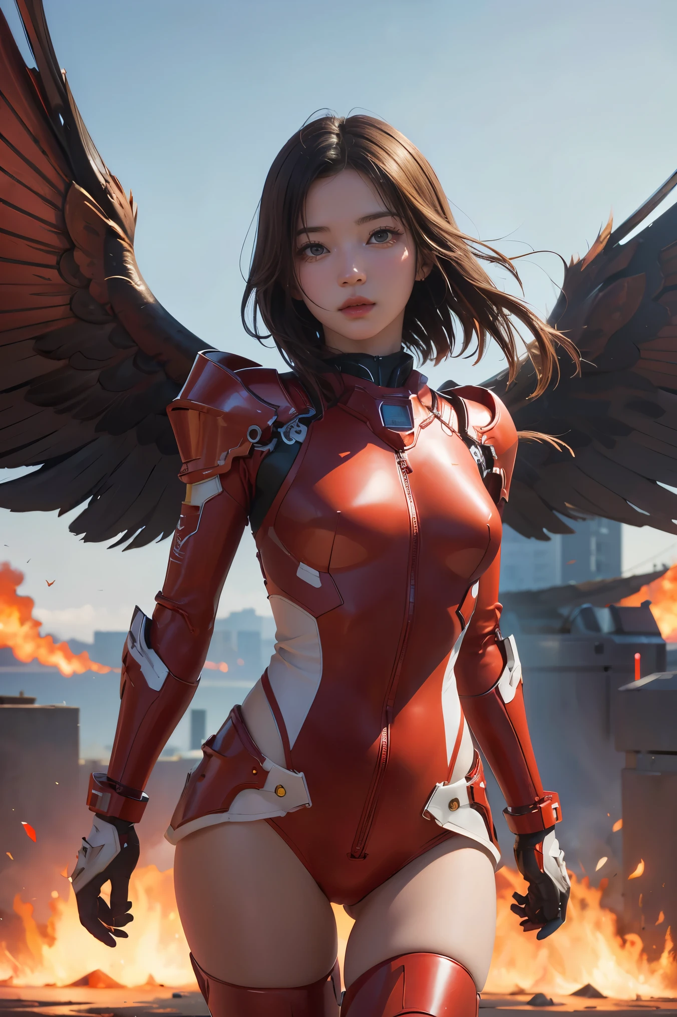 1girl, Absurd resolution, high resolution, (masterpiece: 1.4), hyper-detail, a mech, red armor with red wings, floating flight in the sky (1.8) background is wild, fire, full bodysuit,