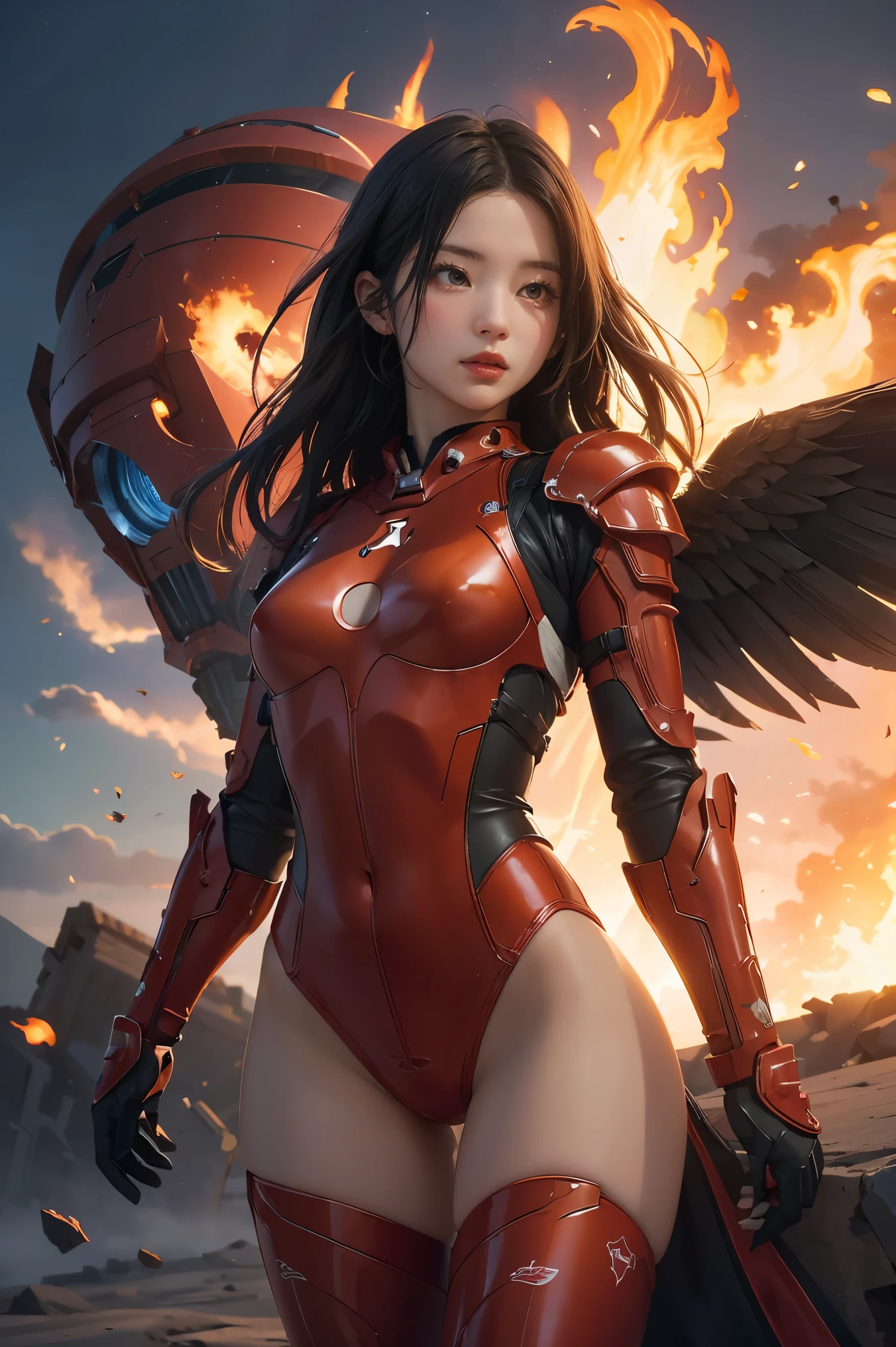 1girl, Absurd resolution, high resolution, (masterpiece: 1.4), hyper-detail, a mech, red armor with red wings, floating flight in the sky (1.8) background is wild, fire, full bodysuit,