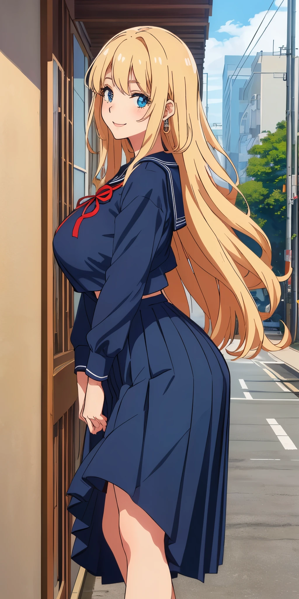 Young woman drawn in 80’s anime art style.
Retro anime. Vintage Anime. Classical Anime.
She has long and wavy blonde hair, blue eyes, full lips, and a beauty mark located under the right side of her mouth. She is well known for her curvaceous figure of which her most distinctive trait is her very large breasts. She is also wearing jewelry and a seductive smile.
She is wearing a sailor fuku (セーラー服, sērā fuku, sailor outfit) is a common japanese style of uniform worn by women, traditionally by high school female students.
The uniform generally consists of a sailor-styled blouse attached with a (Navy blue sailor-style collar) and a Dark Navy Blue Sailor Blouse. The length of the long skirt goes down past her ankle.
A ribbon is tied in the front and laced through a loop attached to the sailor blouse. The color is the ribbon is red. (RED RIBBON)
(Dark Navy Blue Sailor Shirt)
(Dark Navy Pleated Skirt)
She is holding a cellphone
(High School)