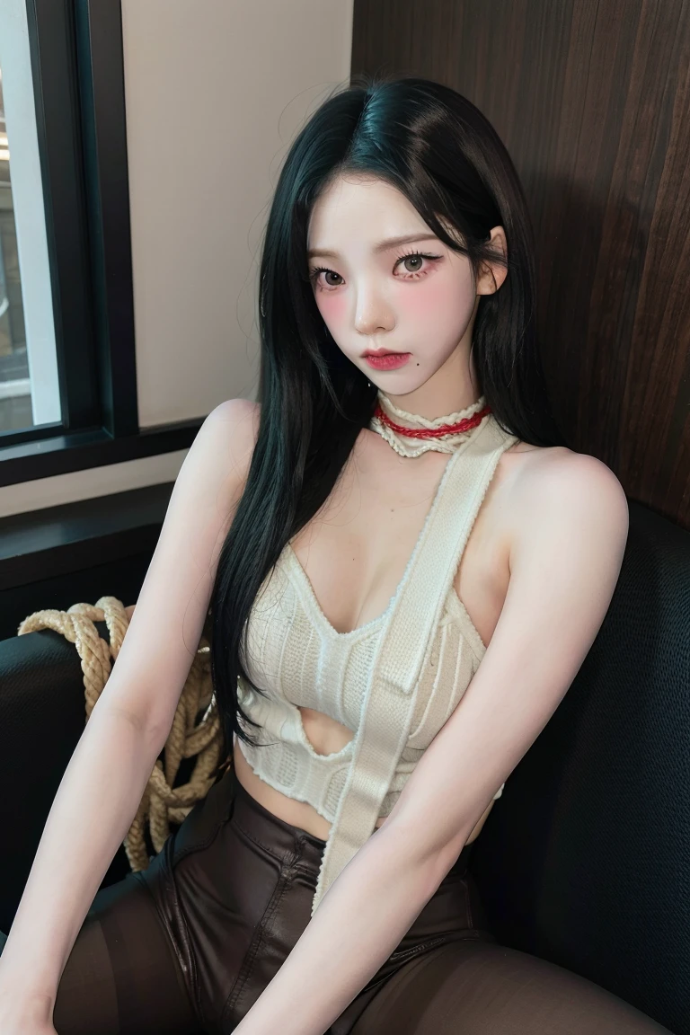(((SFW : 1.2))), (((pornography))), (realistic), (intricate details:1.2), (masterpiece、:1.3), (top quality:1.4), (Ultra A high resolution:1.2), Ultra A high resolution, 8K resolution, very detailed expression, dark, (high quality), complete anatomy, natural anatomy, full body photo, 1 korean woman,she is filming a Twitch broadcast, she is look happy, unbelievable pretty korean girl, fairly slim body, femme fatale makeup, slim waist, her legs is slim and beautiful, fan service, hair turned to one side, hair bang, she being weared off shoulder blouse and lace mini skirt, wearing pantyhose in the laced mini skirt, this scene is Personal broadcast interface screen,(call girl:1.5), (prostitute: 1.5), (korean:1.8), (beautiful : 1.4), (shiny black hair), (big earrings), heavy makeup, doggy choker necklace, bracelet, nail art, long legs, glowing skin, who ties her arms and body with rope and molests her body..),(She is tied up behind back : 1.5), dark light, (detailed background:1.2), She is doing bondage and SM play,  this scene is Personal broadcast interface screen, online Prostitute, streamer BJ, female's Cam, on a private broadcast, Shooting equipment, various props, a Girl's Room for personal photography purposes, she is tied up arms behind and spread legs, microphone on a desk, Chat communication with viewers, Show chat log, Show viewers list, twitchchat, blackout curtain installed background, mirrorball light, erotic, language is Korean,
