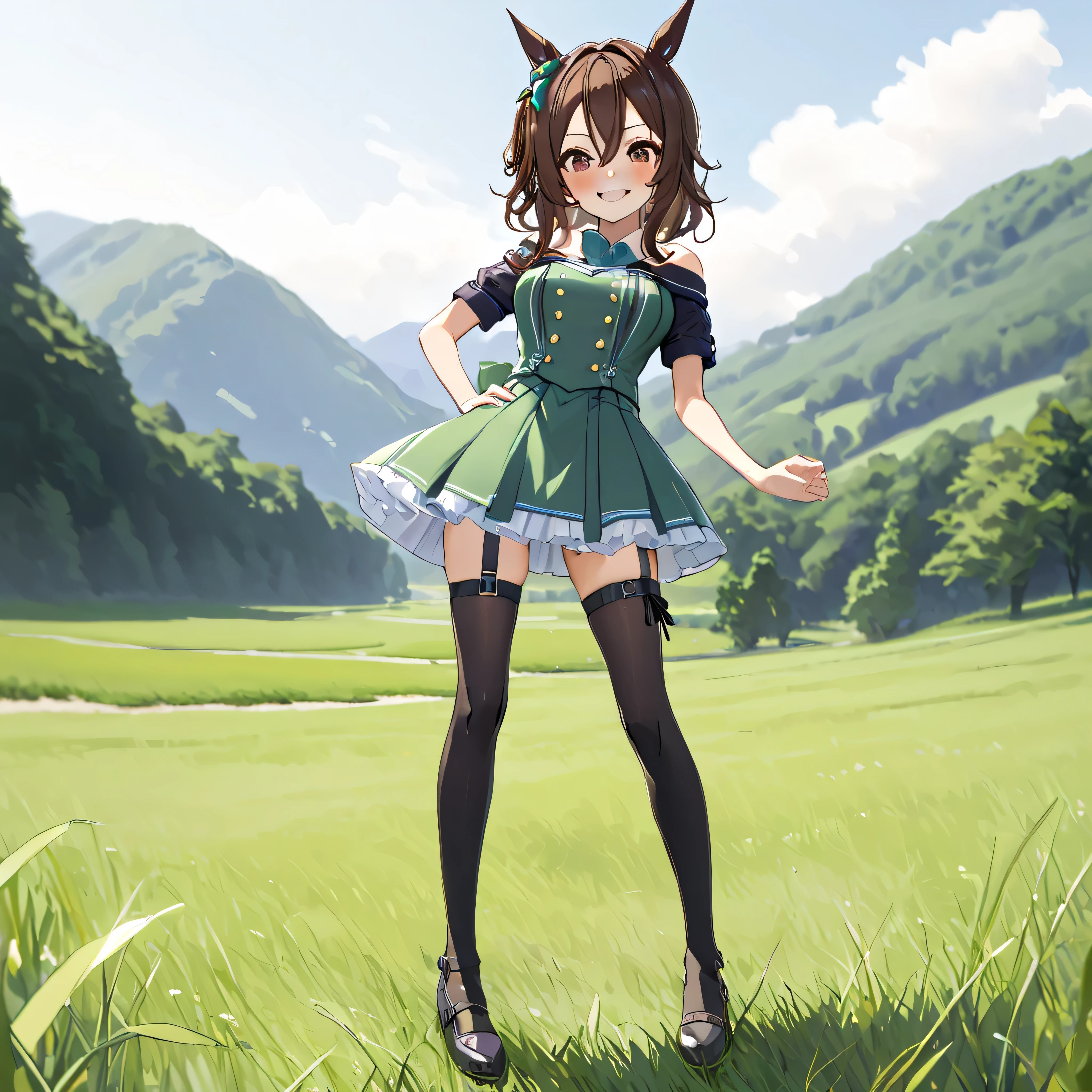 masterpiece, beautiful detailed, landscape, grass field, BREAK, (1 skinny girl standing with open legs:1.3), (umamusume\), (king halo \), BREAK, shoubufuku\, (too short skirt:1.2), thigh gap, (off-shoulder green dress cinches narrow waist too tight), full body, BREAK, brown hair, (both hands on own hip:1.2), (open legs:1.1), BREAK, (bursting large breasts:1.1), (too narrow waist), skinny waist, small stomach, skinny hip, (skinny long legs), (black thighhighs), thigh straps, BREAK, smile for viewer, nose blush