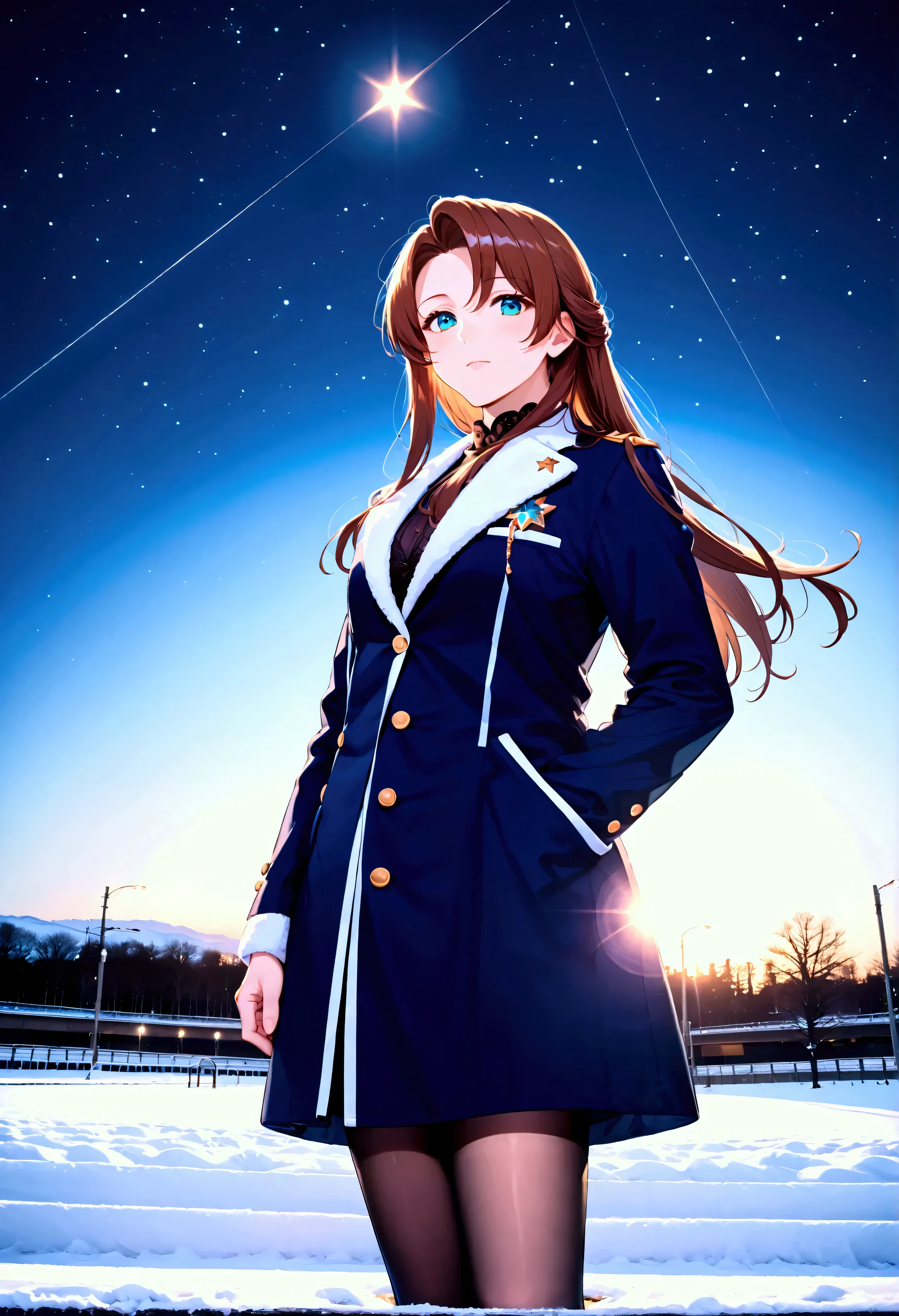 Lots of stars shining in the winter night sky , Many circular tracks in the long-exposure starry sky , The silhouette of a young woman with long hair、 coat pocket, photo taken from a distance , Photo from below
