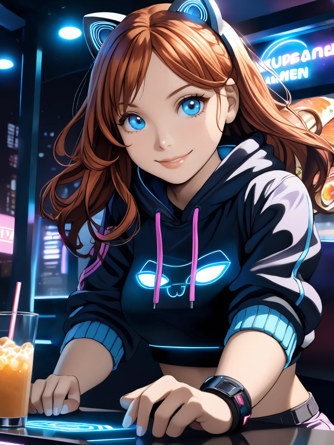 ((Masterpiece)), ((best quality)), ((wide shot)), (super detail:1.2), (High Definition:1.3), (8K), (Maximum detailed textures), (Maximum detailed shadows), (Maximum detailed backgrounds), (very aesthetic:1.2), (absurdres:1.2), Textured skin,((kawaii)), ((1girl)), (upturned eyes), cute ******* girl, (striking wavy auburn hair), (Healthy slim body), (:3), (naughty smile), (cute cheeks), glossy lips, pouty lips, (lower eyelashes), (tilt head), ((sleek, neon-accented crop hoodie with a digital cat logo)), (deep blue eyes), (glitter eyes),A young, lively girl with striking wavy auburn hair and curious deep blue eyes, a fusion of Nami’s playful charm and Nico Robin’s mysterious elegance, sits in front of a futuristic cyberpunk-style holographic livestream setup, with a confident smirk and a bright, expressive face, full of personality, along with fingerless gloves and high-tech wristbands, circuits-pattern pants, she exudes a stylish, futuristic vibe. In front of her, an array of cyberpunk-inspired food—glowing ramen, levitating sushi, and bubble tea—rests on a sleek, illuminated table, excited expression, takes a big bite, mukbang session, studio is bathed in neon lights, interactive holographic chat, a massive digital screen projects her live chat, highly detailed blend of anime and cyberpunk realism artsyle, with dynamic lighting reflecting off her chrome-trimmed headphones, The overall vibe is energetic, engaging, and full of futuristic digital aesthetics, top-quality real texture skin, cinematic color grading, skin texture style, realism, detailed, 1girl, makeup