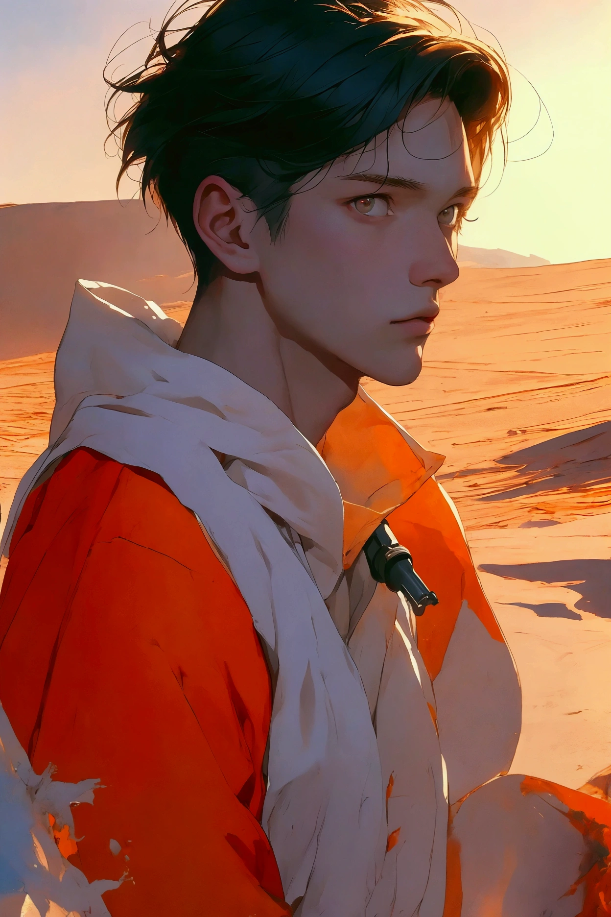(( Artwork)), (( top quality)), ( Super Detail: 1.2),( high definition : 1.3), ( professional photos: 1.2), ( so beautiful: 1.2), (pixiv: 1.2), (, tolerates depth of field), sunset cinematic lighting, ( sharp concentration), ( perfect light), (One Man。 Desert Survey Team 、Short Hair。Nordic men:1.3, Work clothes, , Lots of equipment )profile simple background, orange background