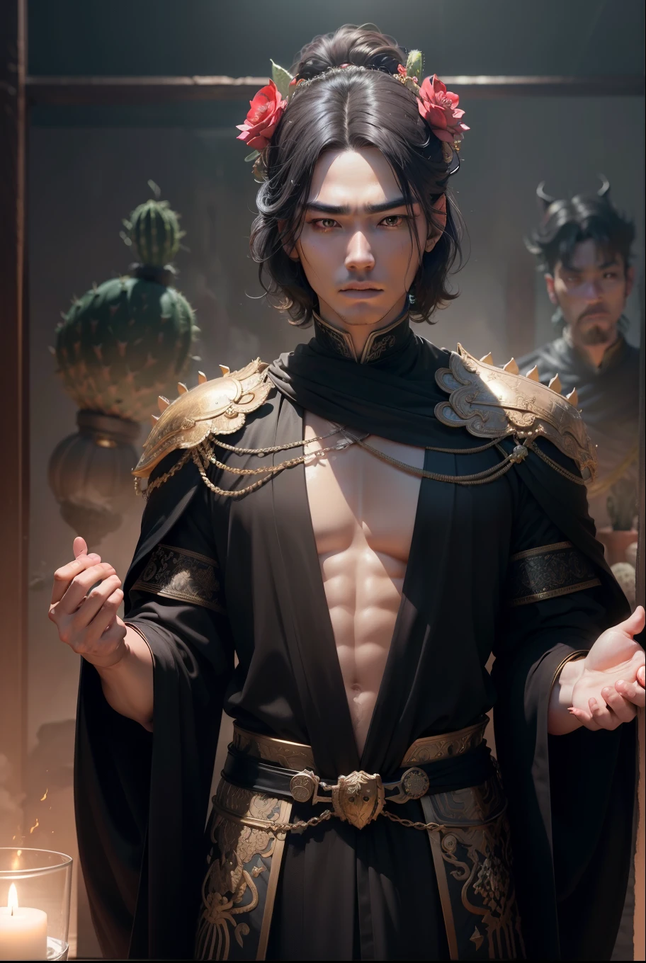 Male dancer Asian idol, sexy and cute, chiaroscuro, Dunhuang style, muscular man, textured skin, glowing and male urzan.