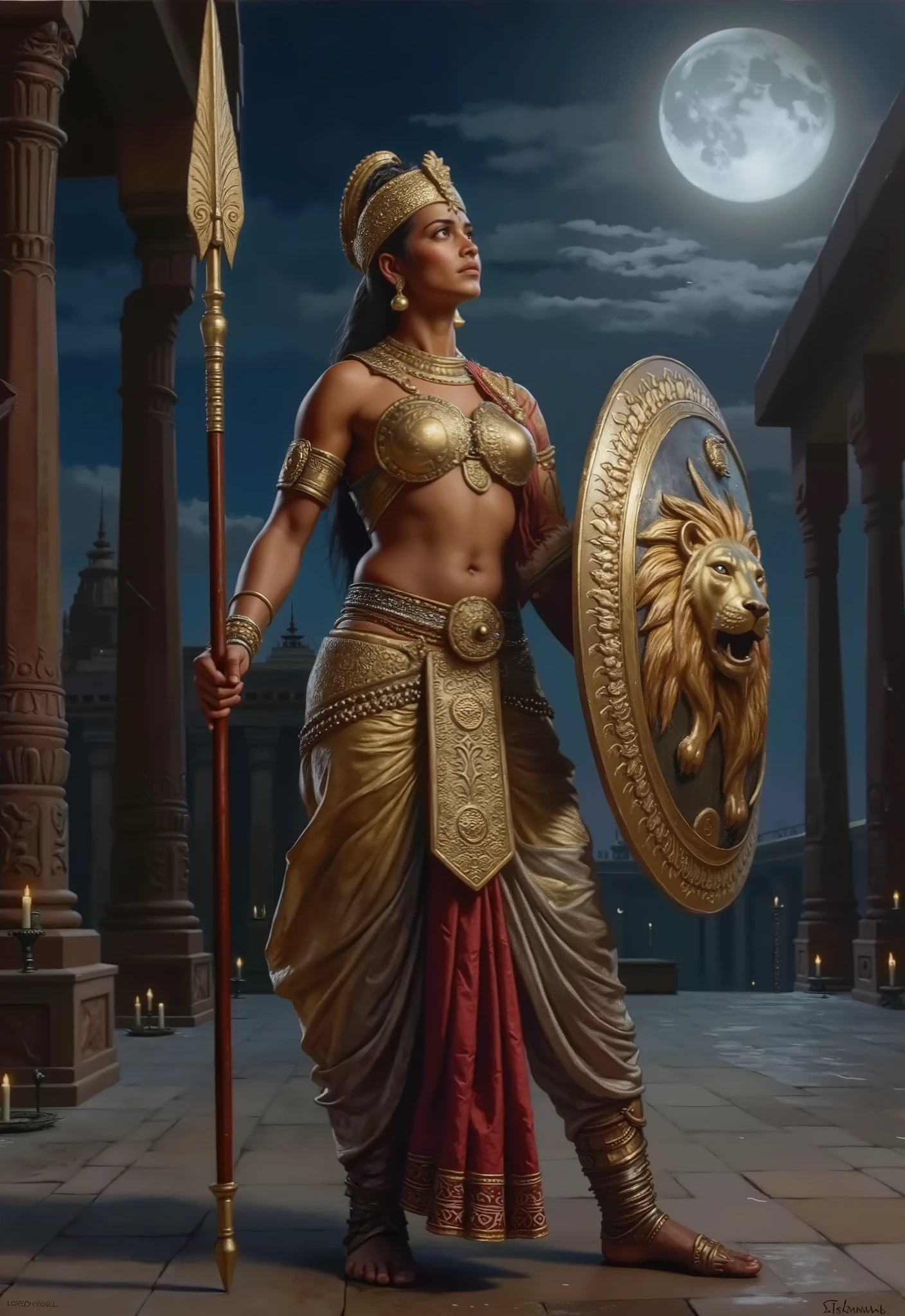 A grand, classical, realistic oil painting of a powerful ancient Indian warrior woman standing in the leftmost corner under a moonlit night sky. She grips a massive golden javelin and an ornate lion-embossed shield, her dark-skinned, muscular frame exuding strength. She wears a crimson dhoti with intricate gold embroidery, a regal South Indian Kiritam war crown, golden armor, shoulder guards, a chainmail undershirt, arm guards, and leg guards. Her face, illuminated by the ethereal moonlight from the upper right, reflects awe as she gazes at the glowing full moon. The backdrop is a majestic South Indian temple courtyard, its towering pillars adorned with faded murals of celestial battles. Flickering oil lamps cast a warm contrast to the silvery moonlight, heightening the cinematic grandeur reminiscent of a Sanjay Leela Bhansali film.