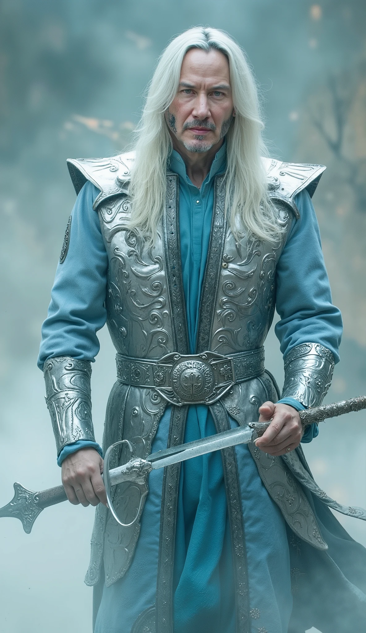 Keanu Reeves takes on the role of Fujin in a serene and powerful interpretation of the Wind God of *Mortal Kombat*. Wearing silver and sky blue armor , adorned with ancient symbols and flowing fabrics that move as if they were part of the air itself, he exudes a mystical and imposing presence . His calm and determined gaze reflects the wisdom of an immortal , someone who has seen ages unfolding before your eyes . With his legendary sword and dominance Absolute about the winds , Keanu embodies Fujin with lethal grace . His movements are agile and fluid , like a controlled storm , mixing precise blade blows with gusts of wind that destabilize his opponents . His power can be as gentle as a breeze or as destructive as a hurricane , always balancing his strength with an innate sense of justice . His serene voice transmits calm and authority , but when the battle intensifies , He becomes an unstoppable force, rising in the air as furious swirls form around him . His enemies are thrown by the wind like leaves in a storm , unable to withstand the power of an elemental god . With a mystical presence , an indomitable spirit and an unparalleled ability , Keanu Reeves Jin brings a unique depth to the character - a guardian heavenly , wise and ruthless , ready to restore balance and protect the destiny of the kingdoms . Do it with white hair