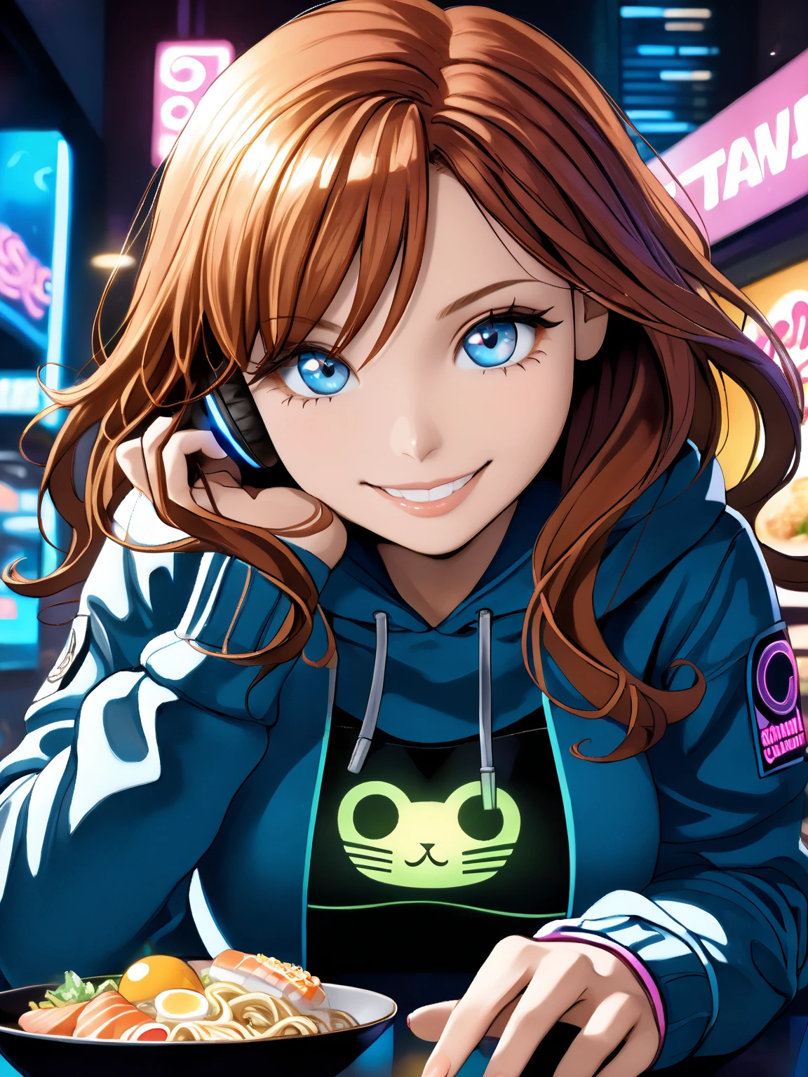 ((Masterpiece)), ((best quality)), ((wide shot)), (super detail:1.2), (High Definition:1.3), (8K), (Maximum detailed textures), (Maximum detailed shadows), (Maximum detailed backgrounds), (very aesthetic:1.2), (absurdres:1.2), Textured skin,((kawaii)), ((1girl)), (upturned eyes), cute ******* girl, (striking wavy auburn hair), (Healthy muscular slim body), (naughty smile), (cute cheeks), glossy lips, pouty lips, (lower eyelashes), (tilt head), ((sleek, neon-accented crop hoodie with a digital cat logo)), (deep blue eyes), (glitter eyes),A young, lively girl with striking wavy auburn hair and curious deep blue eyes, a fusion of Nami’s playful charm and Nico Robin’s mysterious elegance, sits in front of a futuristic cyberpunk-style holographic livestream setup, with a confident smirk and a bright, expressive face, full of personality, along with fingerless gloves and high-tech wristbands, circuits-pattern pants, she exudes a stylish, futuristic vibe. In front of her, an array of cyberpunk-inspired food—glowing ramen, levitating sushi, and bubble tea—rests on a sleek, illuminated table, excited expression, takes a big bite, mukbang session, studio is bathed in neon lights, interactive holographic chat, a massive digital screen projects her live chat, highly detailed blend of anime and cyberpunk realism artsyle, with dynamic lighting reflecting off her chrome-trimmed headphones, The overall vibe is energetic, engaging, and full of futuristic digital aesthetics, top-quality real texture skin, cinematic color grading, skin texture style, realism, detailed, 1girl, makeup
