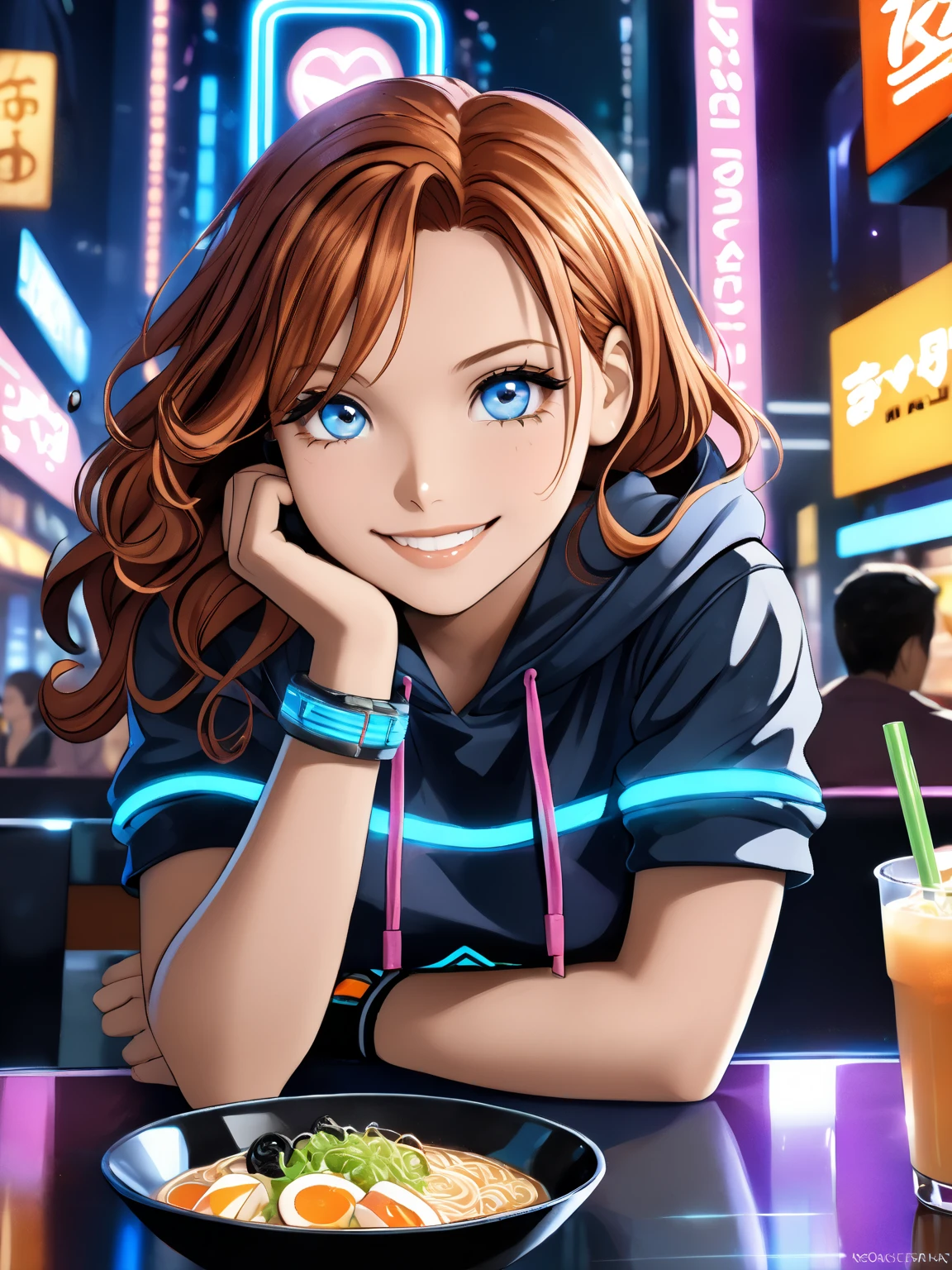 ((Masterpiece)), ((best quality)), ((wide shot)), (super detail:1.2), (High Definition:1.3), (8K), (Maximum detailed textures), (Maximum detailed shadows), (Maximum detailed backgrounds), (very aesthetic:1.2), (absurdres:1.2), Textured skin,((kawaii)), ((1girl)), (upturned eyes), cute ******* girl, (striking wavy auburn hair), (Healthy muscular slim body), (naughty smile), (cute cheeks), glossy lips, pouty lips, (lower eyelashes), (tilt head), ((sleek, neon-accented crop hoodie with a digital cat logo)), (deep blue eyes), (glitter eyes),A young, lively girl with striking wavy auburn hair and curious deep blue eyes, a fusion of Nami’s playful charm and Nico Robin’s mysterious elegance, sits in front of a futuristic cyberpunk-style holographic livestream setup, with a confident smirk and a bright, expressive face, full of personality, along with fingerless gloves and high-tech wristbands, circuits-pattern pants, she exudes a stylish, futuristic vibe. In front of her, an array of cyberpunk-inspired food—glowing ramen, levitating sushi, and bubble tea—rests on a sleek, illuminated table, excited expression, takes a big bite, mukbang session, studio is bathed in neon lights, interactive holographic chat, a massive digital screen projects her live chat, highly detailed blend of anime and cyberpunk realism artsyle, with dynamic lighting reflecting off her chrome-trimmed headphones, The overall vibe is energetic, engaging, and full of futuristic digital aesthetics, top-quality real texture skin, cinematic color grading, skin texture style, realism, detailed, 1girl, makeup