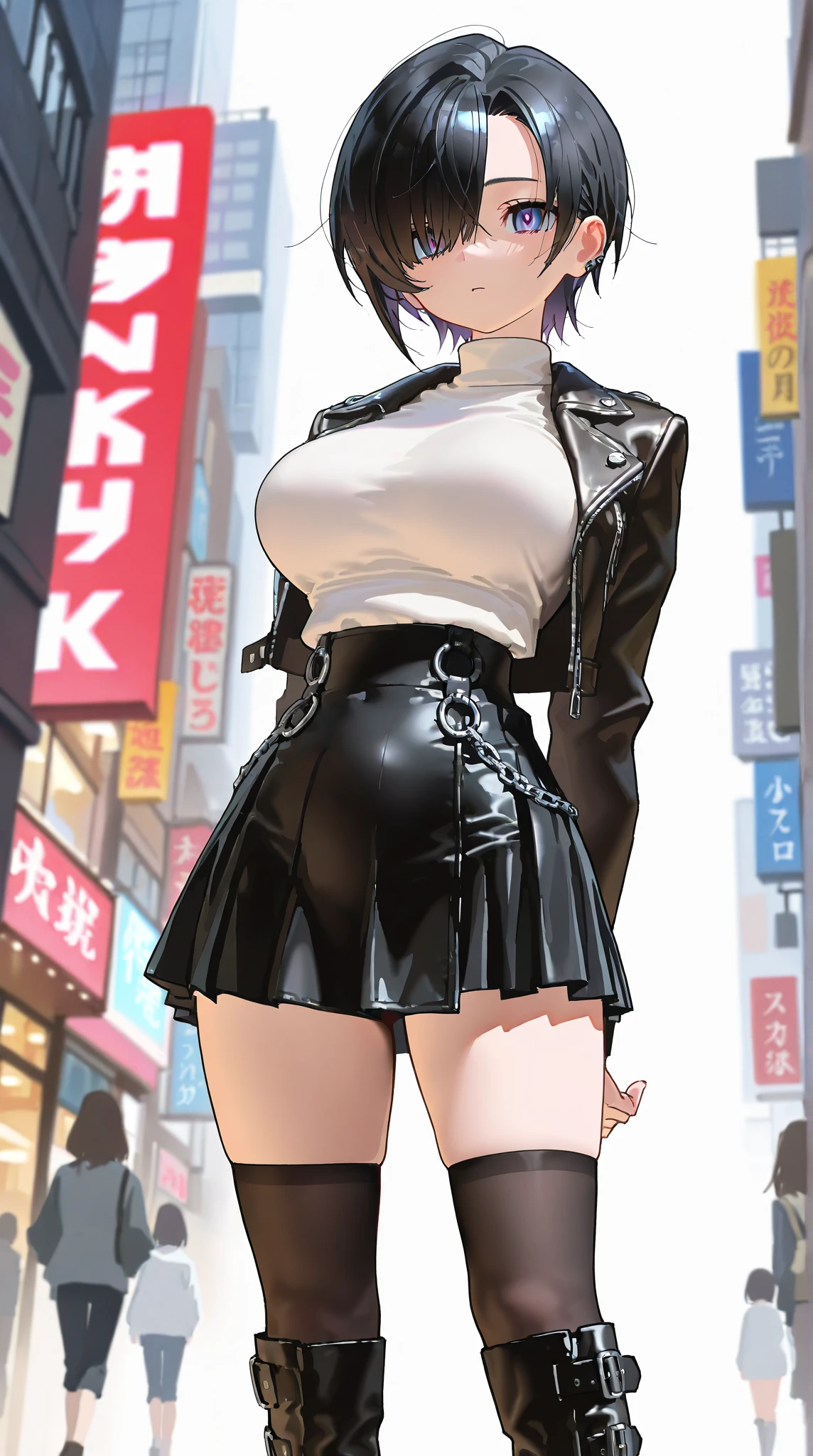 High resolution, adult woman , good lighting, despicable, , (No nudity), (((レザータイトmini skirt))), ((tight leather top)), (((leather thigh high boots))), (garter belt), abdomen only, (wet shorts),  ,  cute face, I&#39;m embarrassed and blush, humiliating, ((spread your legit))(T-back)night、((city,a large amount of  on the thighs))
