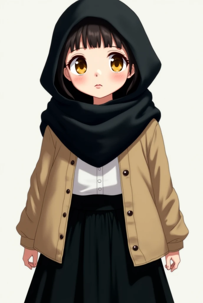 "A  anime girl wearing a sleek black hijab pairs it with a stylish white crop top and a black mini skirt. Her outfit is elegant and fashionable, highlighting her youthful charm with a balanced touch of sophistication and modern style."