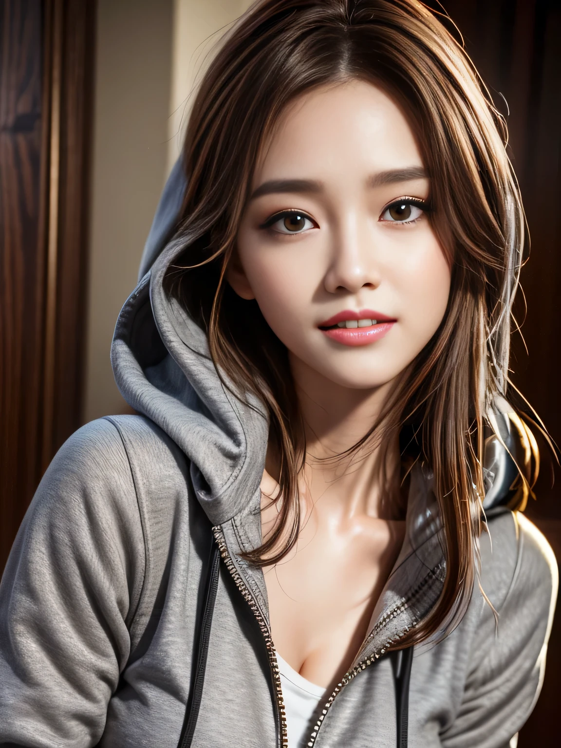masterpiece, best quality, ultra-detailed, intricately detailed hyperdetailed, realistic, sharp features, highly detailed, sharp focus, (20 years old:1.3), perfect face, perfect symmetrically eyes, perfect full lips, hyper detailed, hyper realistic, high resolution, Fashion Model, Slender, Japanese Idol, (Cute Face:1.2), Red hair, Stylish, Realistic, Photorealistic:1.3, Beautiful Face, light brown hair, messy hair, Neat clothes, (Seductive smile:1.2), (Grey Zip Up  Hoodies Sweat:1.2), Solid Long Sleeve Hoodies, (hot pants), Yoga, 