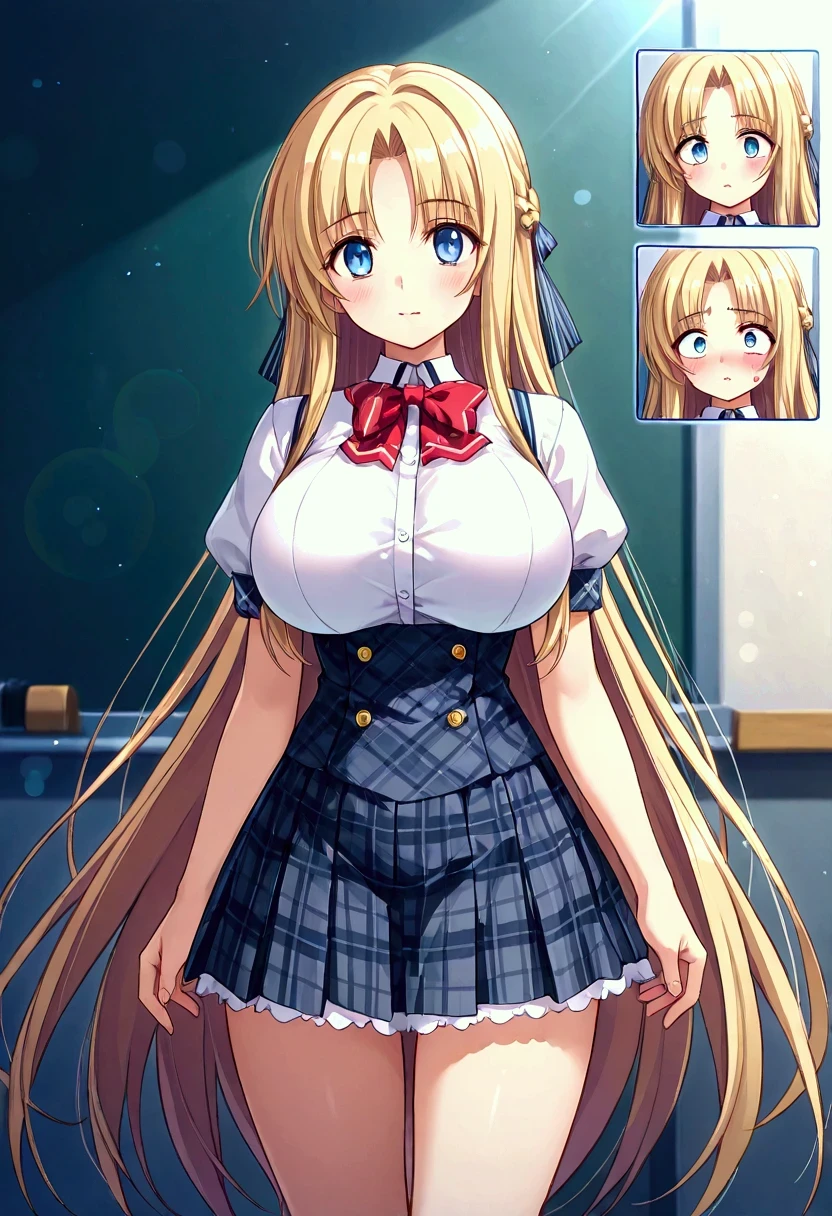 simple white background ,
school uniform, short sleeves ,tartan, tartan skirt, red bow tie , striped ribbon ,
Blue eyes, blows, French braid,, Very long hair, blond hair ,
1 20 year old woman, Young Woman, beautiful Finger, beautiful long legs, beautiful body, beautiful Nose, beautiful character design, perfect eyes, perfect face, expressive eyes ,perfect balance,
looking at the viewer ,(Focus on her rostro), closed mouth , (innocent_big_eyes:1.0),(luz_smile:0.3),
official art ,fondo de pantalla CG extremadamente detallado Unity 8K, Perfect lighting,colorful, round_forehead_rostro_luzing,PIEL BLANCA,
( masterpiece:1.0),(better_quality:1.0), ultra high resolution,4k, ultra detailed ,
photograph , 8K, HDR-10, highres, absurdities:1.2, Kodak portra 400 , Film grain, blurry background , bokeh:1.2, lens flare, (vibrant_color:1.2), photograph profesional,
( beautiful,big_breasts:1.4), ( beautiful_rostro:1.5),(narrow_waist),