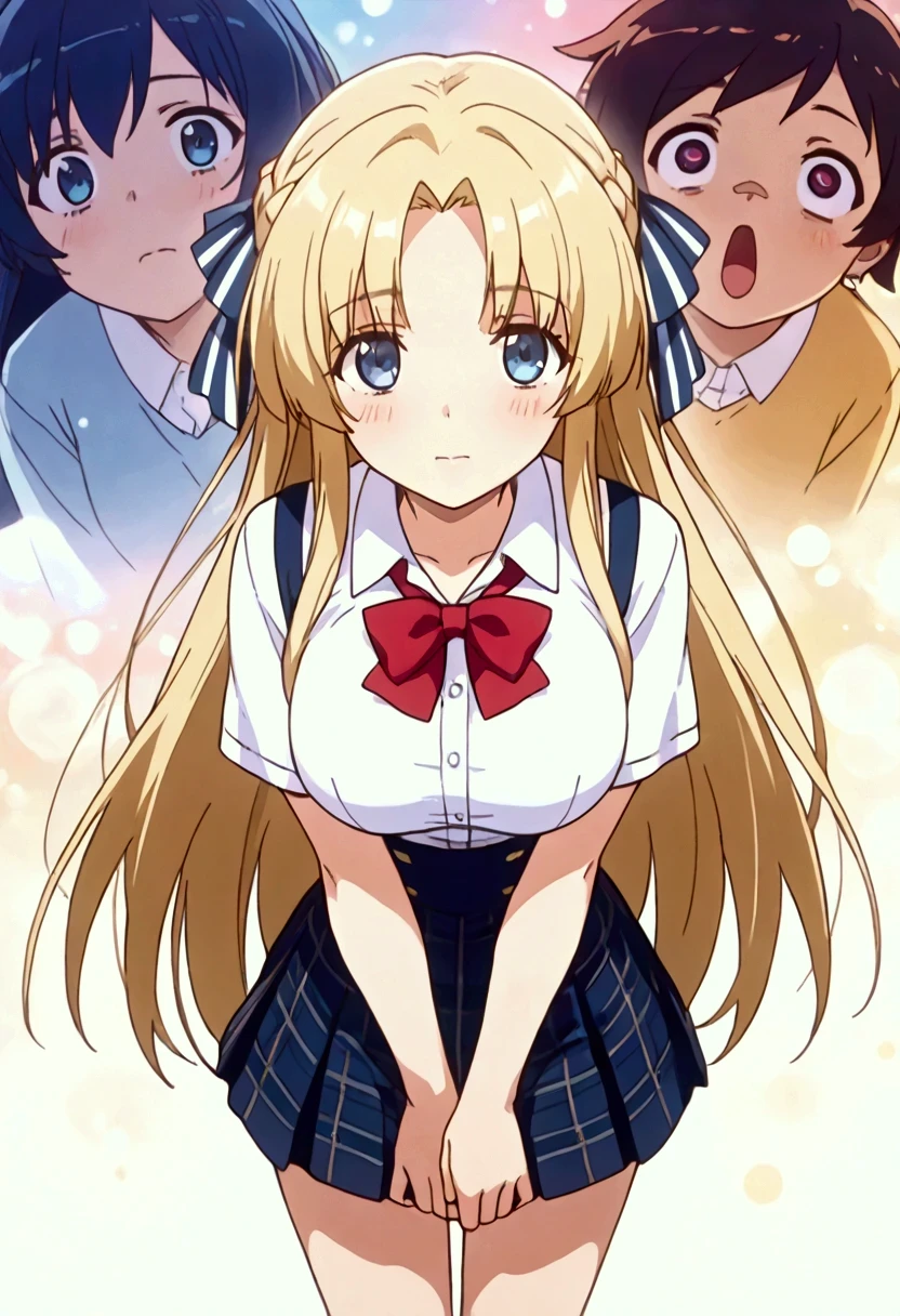 simple white background ,
school uniform, short sleeves ,tartan, tartan skirt, red bow tie , striped ribbon ,
Blue eyes, blows, French braid,, Very long hair, blond hair ,
1 20 year old woman, Young Woman, beautiful Finger, beautiful long legs, beautiful body, beautiful Nose, beautiful character design, perfect eyes, perfect face, expressive eyes ,perfect balance,
looking at the viewer ,(Focus on her rostro), closed mouth , (innocent_big_eyes:1.0),(luz_smile:0.3),
official art ,fondo de pantalla CG extremadamente detallado Unity 8K, Perfect lighting,colorful, round_forehead_rostro_luzing,PIEL BLANCA,
( masterpiece:1.0),(better_quality:1.0), ultra high resolution,4k, ultra detailed ,
photograph , 8K, HDR-10, highres, absurdities:1.2, Kodak portra 400 , Film grain, blurry background , bokeh:1.2, lens flare, (vibrant_color:1.2), photograph profesional,
( beautiful,big_breasts:1.4), ( beautiful_rostro:1.5),(narrow_waist),