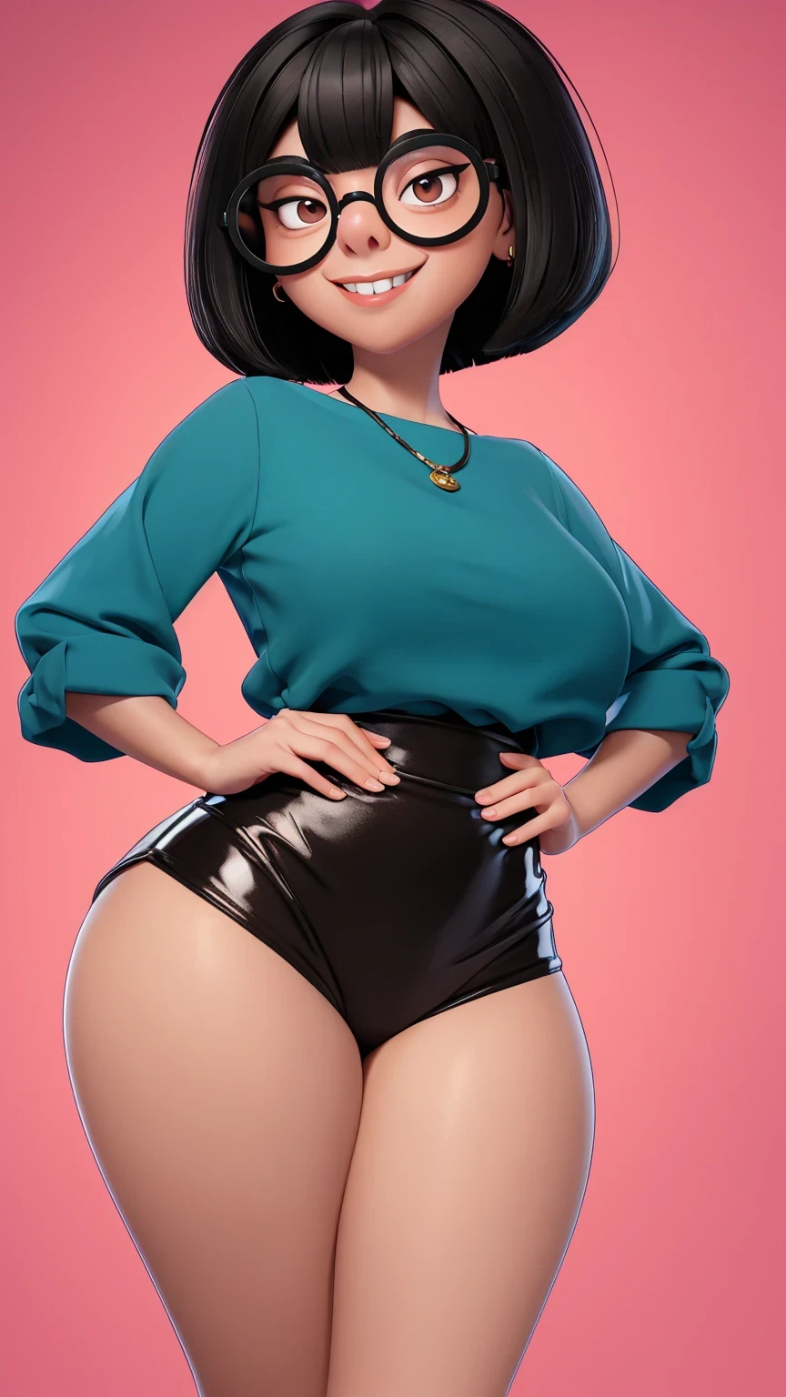 (best quality:1.4),(shiny skin), spreas my legs, spread your legs, body focus, (cute face), (((best quality))), illustration, ((Beautiful Finger)), , Beautiful body, Beautiful character design, ,perfect lighting, Colorful, Bright_Front_face_Lighting, ultra high res, highres, absurdres:1.2, bokeh:1.2, lens flare, (vibrant_color:1.2), (Beautiful, medium breasts:1.2), (thick thighs:1.1), THICK, 1girl,
Short black hair, large round glasses, big round eyes with light pupils, thin eyebrows, small nose, light skin tone, subtle smile, hands on hips, brown eyes, Edna Moda, full body view, show sexy legs, bug breasts, sexy, provocative