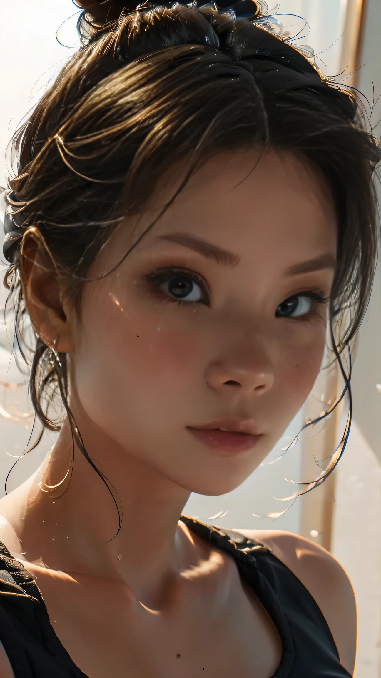 ((( Ultrarealistic))), Photo, masterpiece, rolled up , trend on artstation, ( long black hair :1.2), ( hair in a bun ), ( detailed brown eyes:1.2), heavy eye makeup , mascara, detailed hair, shiny skin, ( freckles im Gesicht), ( concentration on face and décolleté:1.1) ( detailed skin and pores :1.3), big boobs, cleavage, ( wears gray sports bra :1.3), (wears yoga pants :1.1), slim size , perfect hips, bokeh, depth of field , soft lighting , ( play of light and shadow :1.2), extremely detailed, freckles
