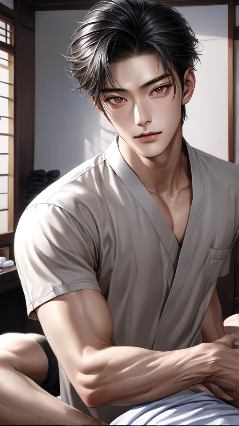 20 year old handsome manga anime vampire acid druid perfect body, sunburst red eyes, male long black hair bloodied barelyscantilyclad covered by a sheet, sitting on the bed, a bedroom set up like a operating room, in the year 2050, metal container house, bio mechanical cybernetic modest hyper realistic photo realistic amazing quality steampunk black/silver dark fantasy demonic Miki Asai macro photography hyper detailed trending on art station sharp focus studio photo intricate details highly detailed by Greg rutkowski, UHD, 32k, superhyperrealisim,"