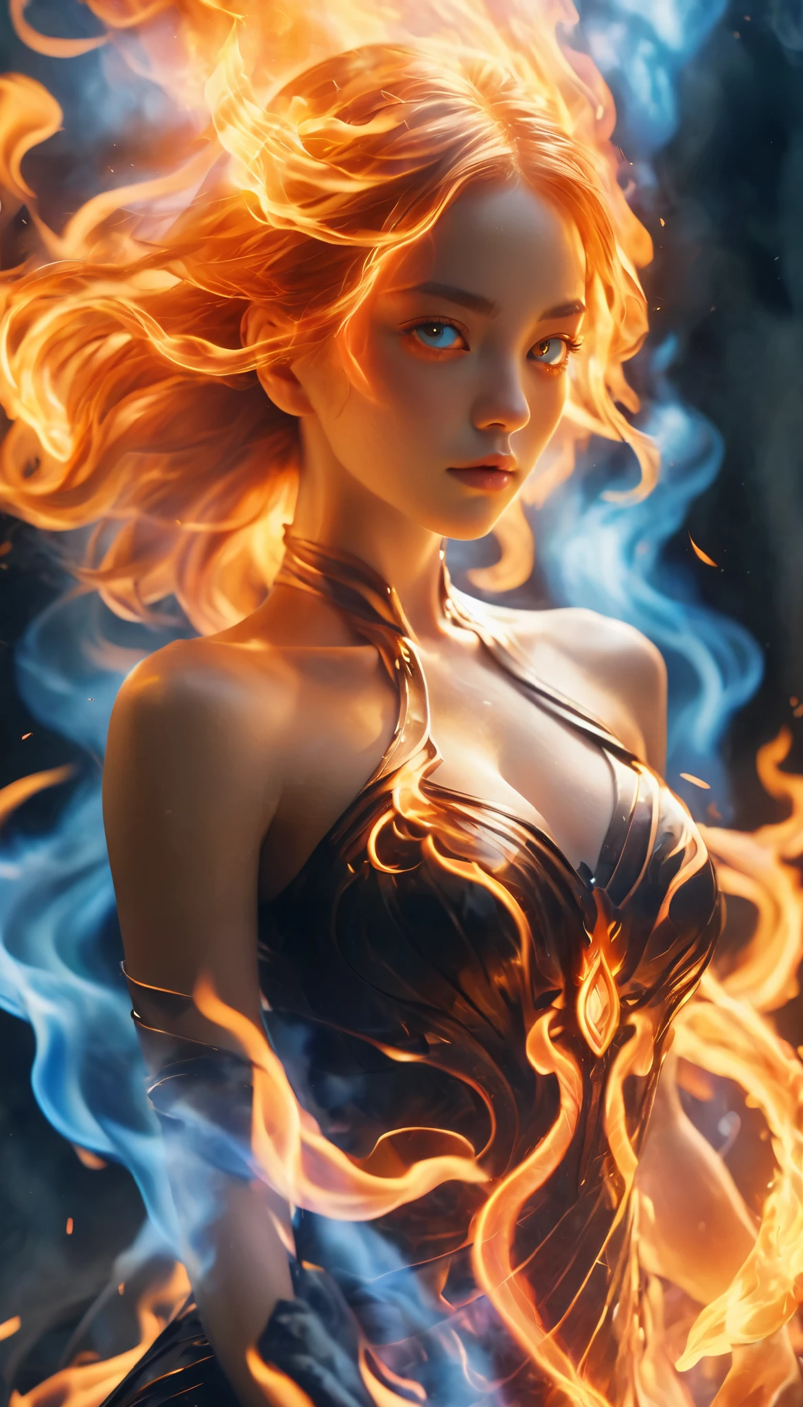 An incomprehensible and spectacular scene from a glowing cloud, A elemental girl, [fire:ice:0.5], (orange fire and blue ice eyes:1.3), (fire and ice face:1.3), 3D, rich colors, (no human:1.5), medium breasts, (dynamic face), filaments of fractal nebula, Cosmic entities, celestial, Space, Bright and bright, Turns, whirling, unreal, high contrast, symbolic, Magic, mysticistic, Mystification, Hyper-realistic, oversaturated, Colorful, [[[extremely detailed artgerm]]], [optical illusion], Fujicolor, cinematic lighting], silver curls, storm, vibrant, sunlit, (edge detection:1.3), absurdres, impressive, 120mm, outlining, wide thighs, luminous, glittering, reflections, lights, sky, psychodeliczn