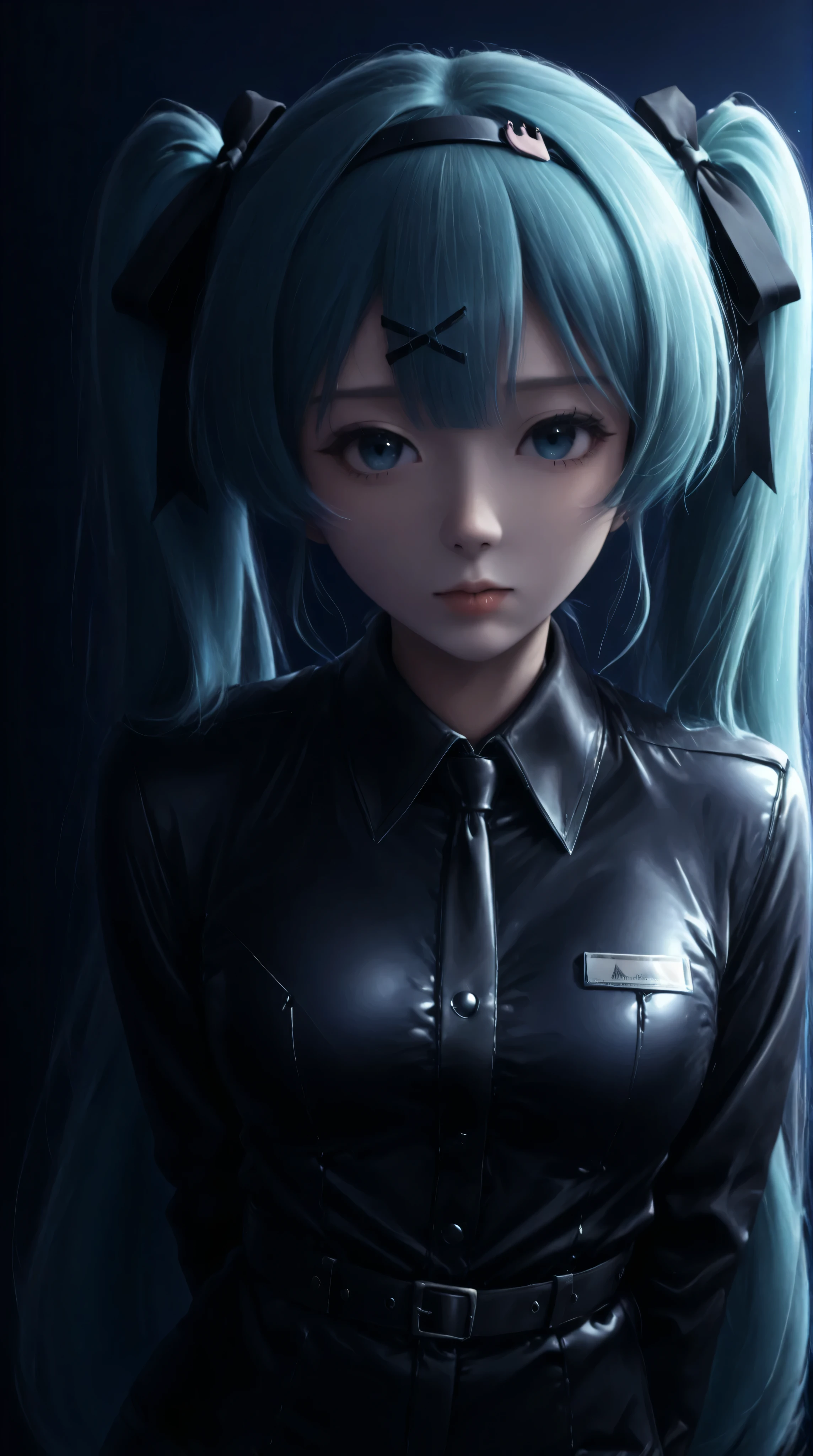 Hatsune Miku wearing a black latex jumpsuit, plain background, clean background, blue background, red background, black background,