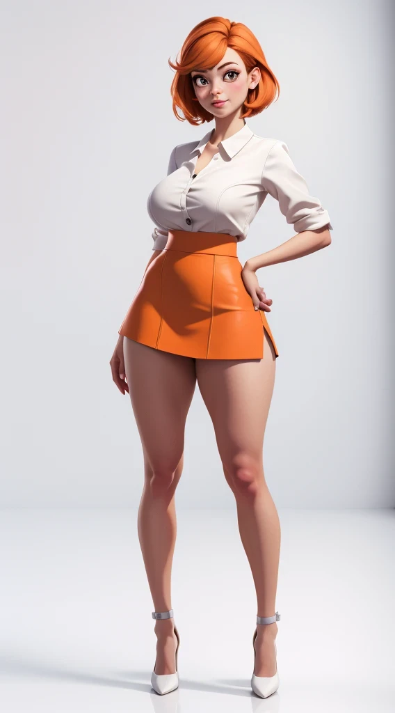 high detailed, masterpiece <lora:P2p0-06:1> 1girl cartoon character in a mini skirt and high heel shoes, short hair, bob style hair, orange hair, perfect hands, big breast, wide hips, thick thighs, ultra realistic digital art, a 3D render, photorealism, clean scene, white background, white wall, shinny floor, white floor